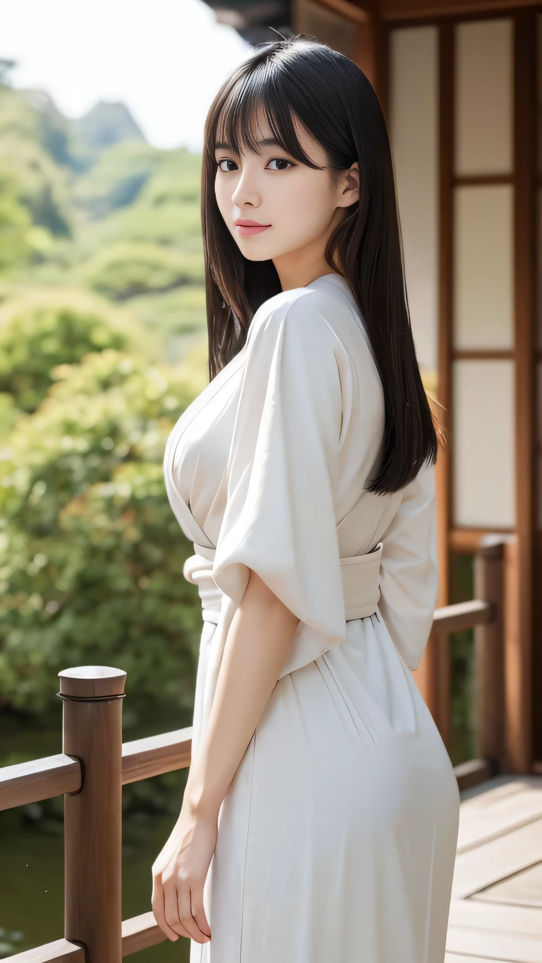 Create an ultra-realistic image of a 21-year-old Japanese woman named Kotone visiting the samurai residences in Kakunodate, Akita. She has extremely long, perfectly straight black hair that flows down to her waist, with blunt bangs that cover her forehead. Her eyes are large, enchanting, and have double eyelids, giving them a captivating and youthful appearance. Her face is delicate and innocent, with very thin eyebrows that frame her large, childlike eyes. Kotone's skin is smooth and flawless, resembling snow in its pure white color. She has a slender and well-proportioned body with a bust size of 95 cm, a cinched waist, slim thighs, and firm buttocks. Her complexion is flawless, without any wrinkles, and her natural makeup enhances her features subtly, maintaining a fresh and youthful look.
Kotone is dressed in an elegant kimono, appropriate for the historical setting. She is standing in front of one of the well-preserved samurai residences, looking graceful and respectful. The background includes traditional Japanese architecture and beautifully maintained gardens, adding to the historical ambiance. The lighting is soft and natural, emphasizing her smooth skin and delicate features.