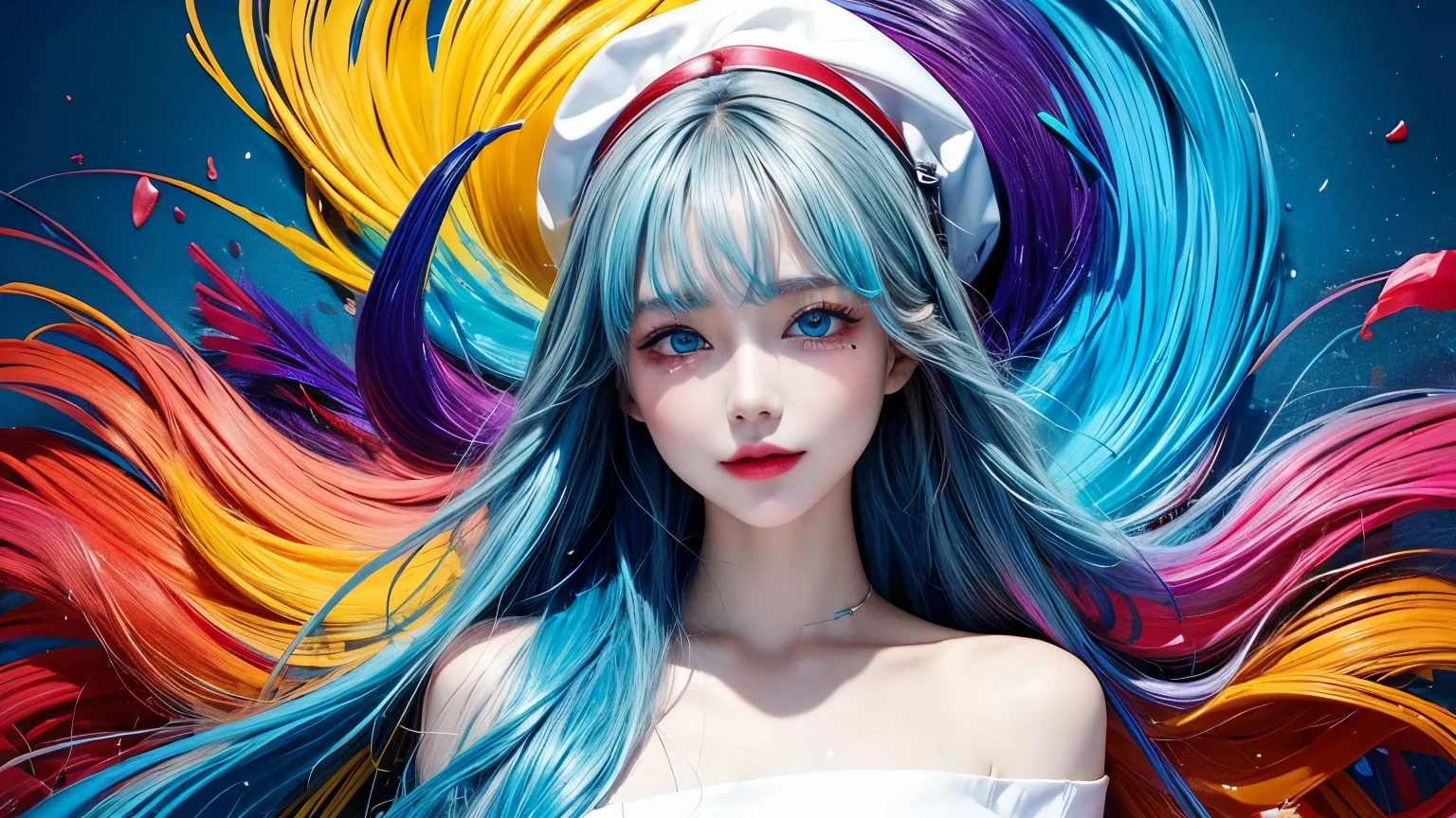 （rich and colorful Fashion T-Shirts：1.9），（blond：1.8），（All the colors of the rainbow：1.8），（（（（（vertical：1.6））），（：1.6），front，comics，illustration，，big eyes，Crystal clear，（Golden slopeLong hair，extra Long hair：1.7），rich and colorful hats，Exquisite makeup，Large Breasts，Smiling face，（Small fresh：1.5），（Pipe top：1.6），Long eyelashes，rich and colorful off-shoulder T-shirt，Looking at the audience，Big watery eyes，（blond hair：1.6），Color Splash，（Solitary：1.8），Color Splash，Color Explosion，Heavy paintwind style，Messy lines，（（shining）） ，（rich and colorful），（rich and colorful），（rich and colorful），rich and colorful，Heavy paintwind style，（splash）（Color Splash），vertical，Upper Body，paintsplash，acrylic paint，slope，paint，Highest image quality，best quality，masterpiece，Solitary，Depth of Field，Face painting，Colorful clothes，（grace：1.2），Gorgeous，Long hair，wind，（grace：1.3），（petal：1.4），（（（masterpiece））），（（（））），（（Ultra Detailed）），（illustration），（Dynamic Angle） ,((float)),(paint),((Messy hair)),(Solitary),(1 Girl),(((Detailed anima face))),(((Beautiful and delicate face)),tie,Bare shoulders,bionde,((bionde)),((bionde)),Beautiful and delicate eyes,(Blue eyes),(((Blue eyes))),(((rich and colorful background))),(((High Saturation) )),(((Surrounded by colorful splash))),(((rich and colorful background))),(((High Saturation))),(((Surrounded by colorful splash))),(((rich and colorful background))),(((High Saturation))),(((Surrounded by colorful splash))),