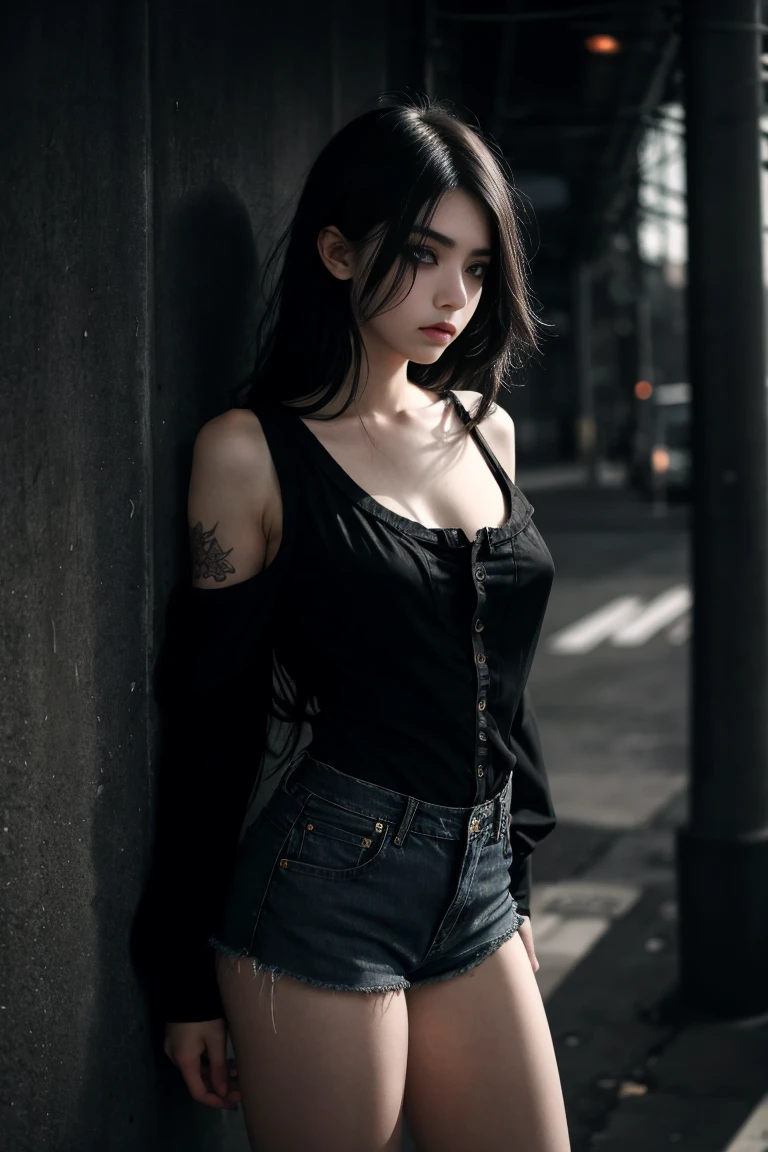 a beautiful 18 year old slim and sexy woman, emo girl, black dress, denim shorts, detailed face, long eyelashes, intricate makeup, moody expression, dark aesthetic, dramatic lighting, cinematic composition, muted color palette, dramatic shadows, grungy urban environment