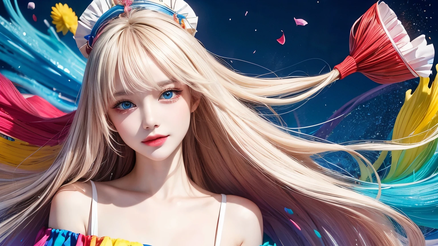 (rich and colorful Fashion T-Shirts:1.9),(blond:1.8),(All the colors of the rainbow:1.8),(((((vertical:1.6))),(:1.6),front,comics,illustration,,big eyes,Crystal clear,(Golden slopeLong hair,extra Long hair:1.7),rich and colorful hats,Exquisite makeup,Large Breasts,Smiling face,(Small fresh:1.5),(Pipe top:1.6),Long eyelashes,rich and colorful off-shoulder T-shirt,Looking at the audience,Big watery eyes,(blond hair:1.6),Color Splash,(Solitary:1.8),Color Splash,Color Explosion,Heavy paintwind style,Messy lines,((shining)) ,(rich and colorful),(rich and colorful),(rich and colorful),rich and colorful,Heavy paintwind style,(splash)(Color Splash),vertical,Upper Body,paintsplash,acrylic paint,slope,paint,Highest image quality,best quality,masterpiece,Solitary,Depth of Field,Face painting,Colorful clothes,(grace:1.2),Gorgeous,Long hair,wind,(grace:1.3),(petal:1.4),(((masterpiece))),((())),((Ultra Detailed)),(illustration),(Dynamic Angle) ,((float)),(paint),((Messy hair)),(Solitary),(1 Girl),(((Detailed anima face))),(((Beautiful and delicate face)),tie,Bare shoulders,bionde,((bionde)),((bionde)),Beautiful and delicate eyes,(Blue eyes),(((Blue eyes))),(((rich and colorful background))),(((High Saturation) )),(((Surrounded by colorful splash))),(((rich and colorful background))),(((High Saturation))),(((Surrounded by colorful splash))),(((rich and colorful background))),(((High Saturation))),(((Surrounded by colorful splash))),