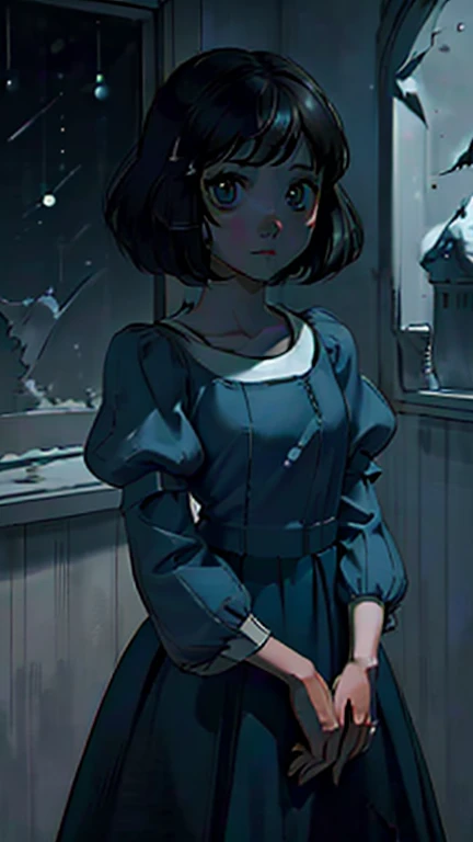 best quality,masterpiece,1girl,solo,(((13years old))),japanese girl,an extremely cute and handsome girl,highly detailed beautiful face and eyes,petit,cute face,lovely face,baby face,shy smile,show teeth, Black hair,short hair,flat chest,skinny,slender,(((wearing a SnowPrincessw, dress, puffy sleeves, skirt))),(((standing in Dark Midnight reelunsettling, indoors, solo))),she is looking at the viewer, upper body,(at night, darkness, no light:1.4)