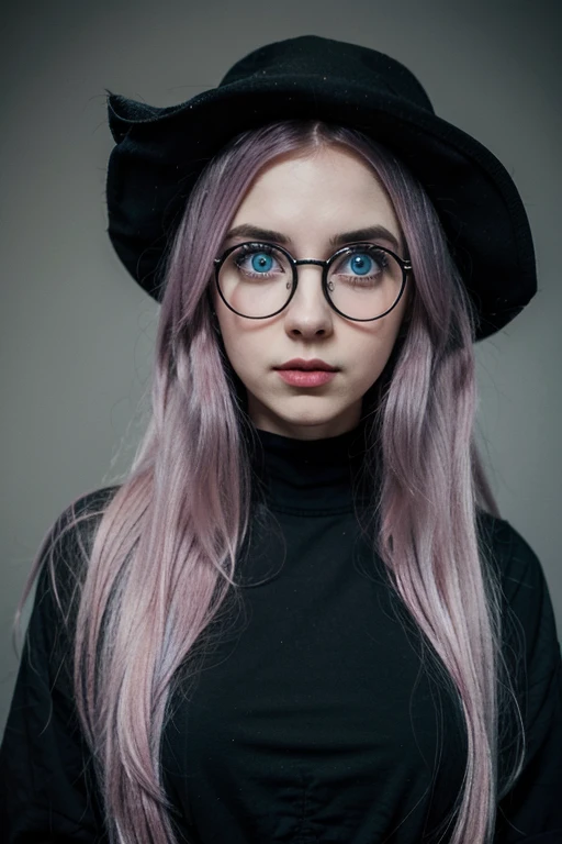 Create a Tim Burton character. It's a pale girl with blue eyes and pastel pink long hair. She wears round glasses and black clothes