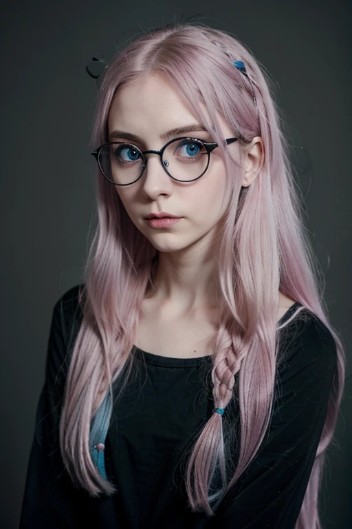 Create a Tim Burton character. It's a pale girl with blue eyes and pastel pink long hair. She wears round glasses and black clothes