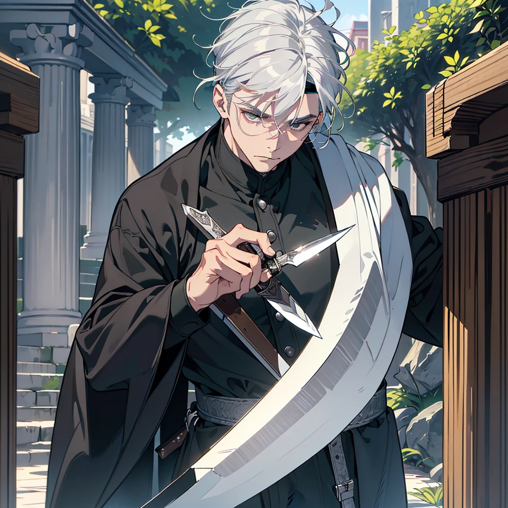 A scene of a boy practicing swordsmanship、Sword-wielding in an old-fashioned dojo。Books and traditional weapons are placed around the statue.。