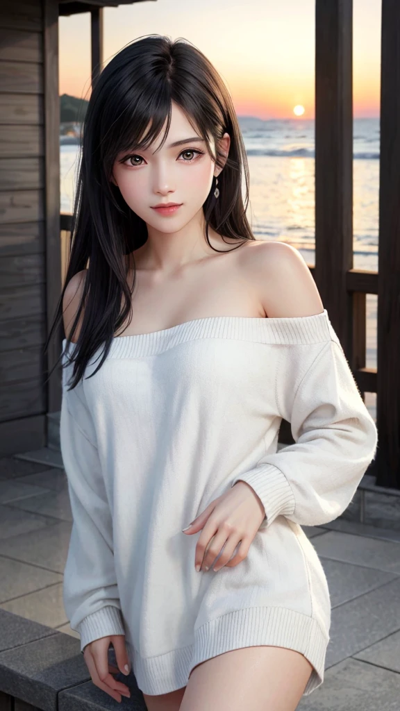 {Top Quality, Masterpiece}, (Realistic: 1.3), Wallpapers, ultra high res, ultra high quality,  BREAK {{{FF7,Tifa_lockhart, solo}}},{Ultra-detailed face, Detailed Red eyes},(black Brown Hair, Large breasts: 1.0),(Imaginative Macanese Female Page, background is Unique seaside, at Sunrise),  BREAK {wearing oversized loose sweater, off shoulder, Exquisite cloth, white Clothes}, clothed, (No Bra) ,(shiny oiled skin: 1.1), about 18 years old, BREAK  {smile, kawaii},{{model pose}}, {{erotic eyes, erotic mouth, erotic face}}