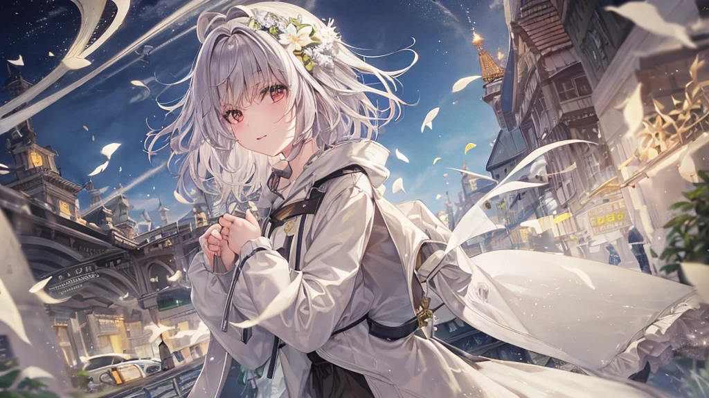 Ultra HD,Look at the viewers, Put your hands behind your back, With a girl, 20-year-old, 非常にShort Hair, Long bangs between the eyes, Pale blue eyes, Very detailed,(masterpiece、Highest quality),Gray Hair、Laughter、Fantastic, Silver Hair, Iris, Short hair、 Fluttering Hair、Small Face、明るいsmile、(Detailed face) ,Professional Lighting,Wonderful landscape,blue sky, sunlight,Looking down from above,Portraiture、Open your mouth、Flower Field、Her eyes were shining、Mysterious and enchanting atmosphere。With AI Painting、とてもShort Hair, Long bangs between the eyes, Very detailed,(masterpiece、Highest quality)、alone、Gray Hair、Fantasy, Silver Hair, Fantasyな風景、smile、Open your mouth、short hair、Short Hair、hairpin、black eye、Grey Eyes、Beautiful Eyes、Black Shirt、White hoodie