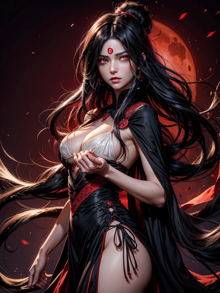 Madara Uchiha. women. raven hair. White skin. Hair on ends. Long hair. Long right side fringe. Red eyes Sharingan. sexy. Elegant dress with front neckline. Punjabi India 