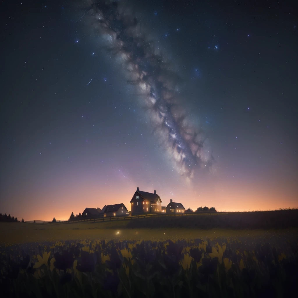 a dark sky with a house and a field of flowers, night sky photography, astrophotgraphy, night sky full of flowers, night covered in stars, stary sky, starlit sky, milkyway light, starry skies, astrophotography, mikko lagerstedt, milkyway, starry sky 8 k, milky way, breath taking, breathtaking stars