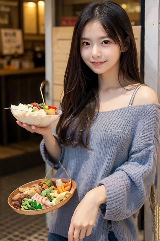 A girl holding yakitori in her right hand、smile、Forehead Baring、Straight Long Hair、slender、Slender、