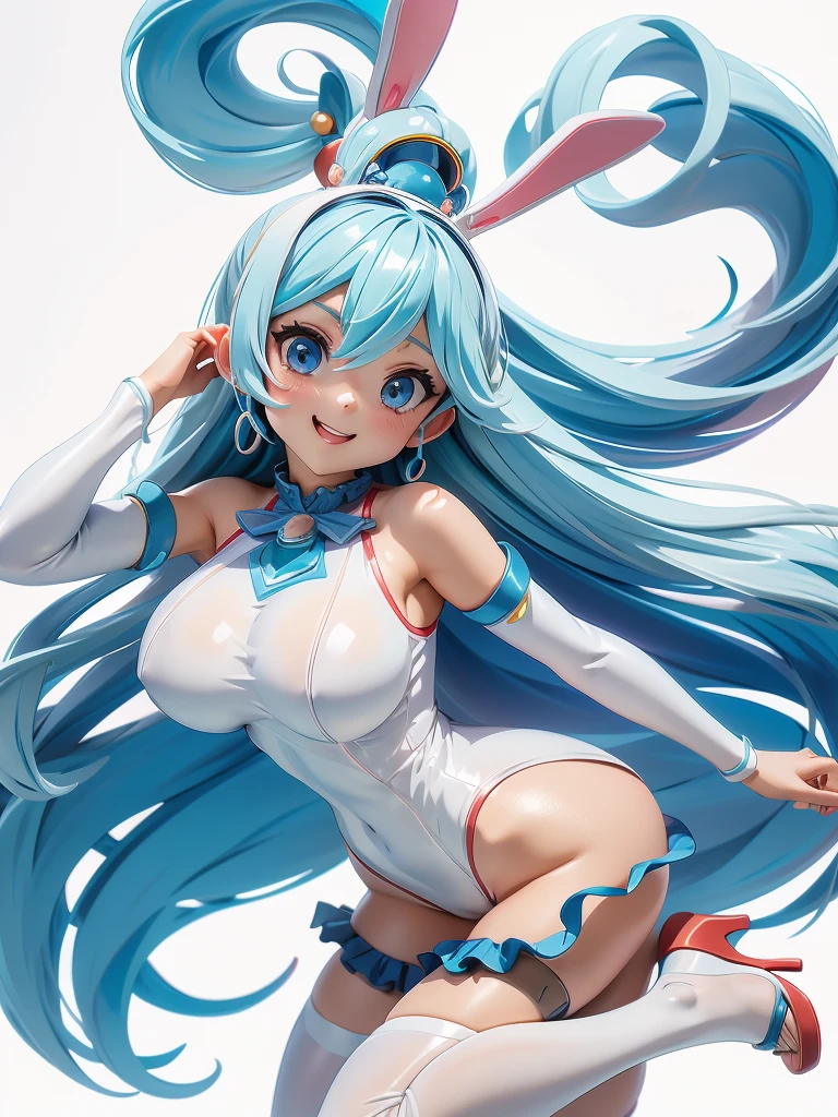 Aqua Konosuba, white gradient background，（in panoramic view：1.2, Girl with giant breasts，the anatomy is correct，Rabbit headdress，short detailed hair，smile，Smooth white tight bunny clothes，(shiny red one piece clothing :1.2) , strappy sandals ,Beautiful and detailed heels , perfect proportions，extremely detailed face，（Best quality at its best，high detail，chedevr，official art，movie light effect，4K）
