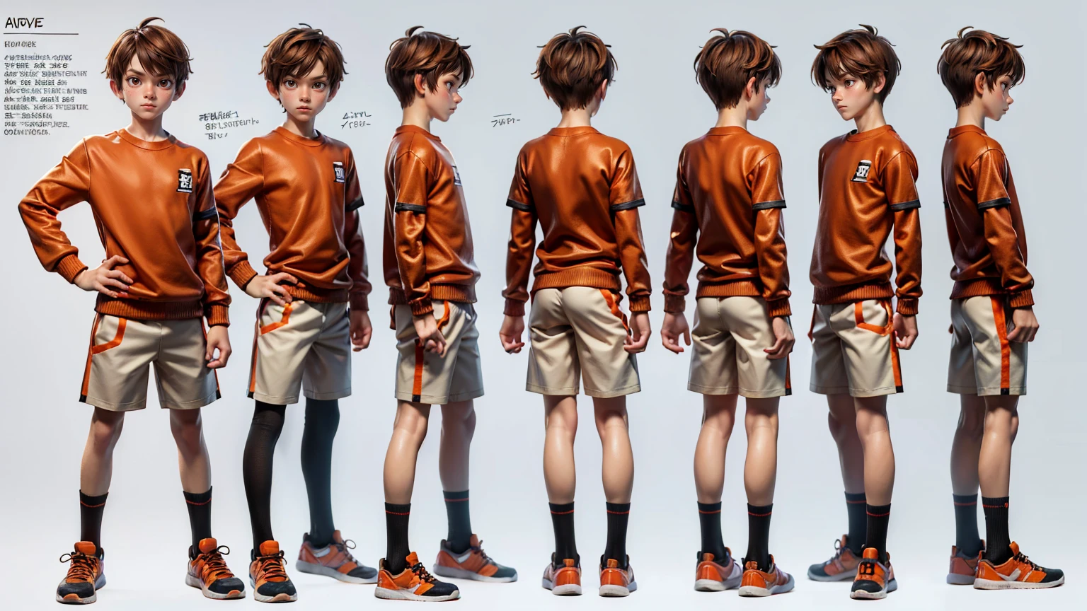 cute face boy, cute face, short height boy, wearing casual futuristic Brown pent, Brown dress, full standing pose, Angular Fringe hairs, Angular Fringe Hair style, sports shoes, Character Sheet, 12 yo student, Full body, Simple white background, front straight pose character reference sheet, Concept art, design sheet