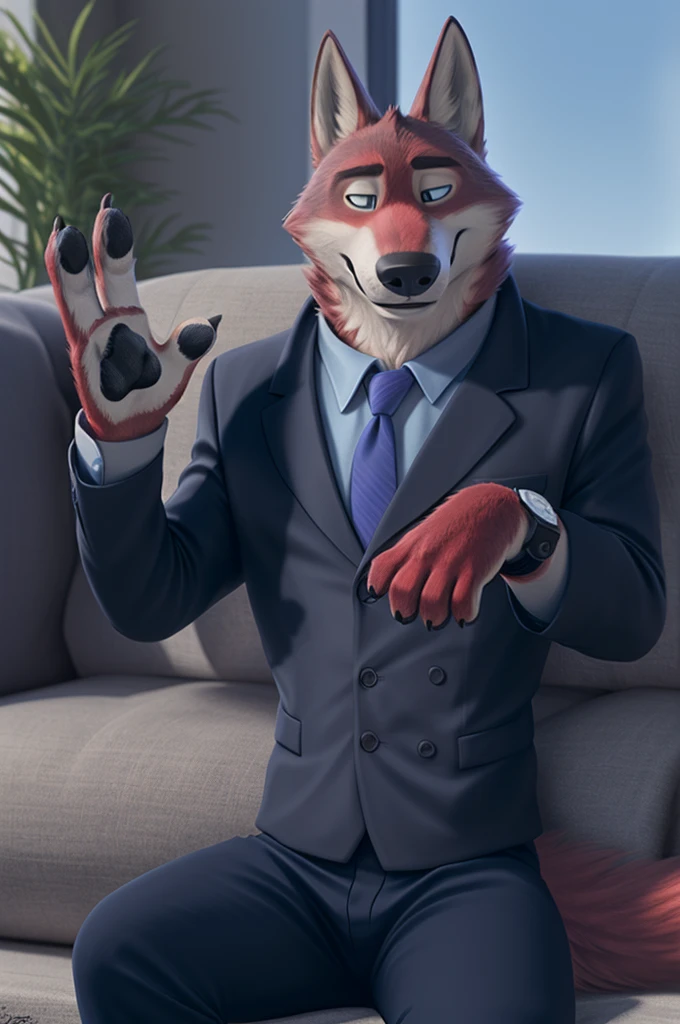 Joachim Wolfbach (Zootopia),tall handsome, wolf,young, 24 years, brown fur, of goals,(red body:1.3),beautiful blue eyes, Moscow Dressed, shirt,blazer, tie,trousers,canine, wolf, detailed fur, Male, antro, paw pads, finger claws, waving, waving at viewer, 5 fingers, paws, 5 fingers, smile, happy, resting, wrist watch, т nextel, lying on the couch at home, by xenoforge, (difficult, high detail, film photography, soft focus, RAW, lying on the couch at home sleeping.
photorealism, realistic, photorealistic, digital style, subsurface scattering,
masterpiece, Best quality, ultra realistic, 8 K)