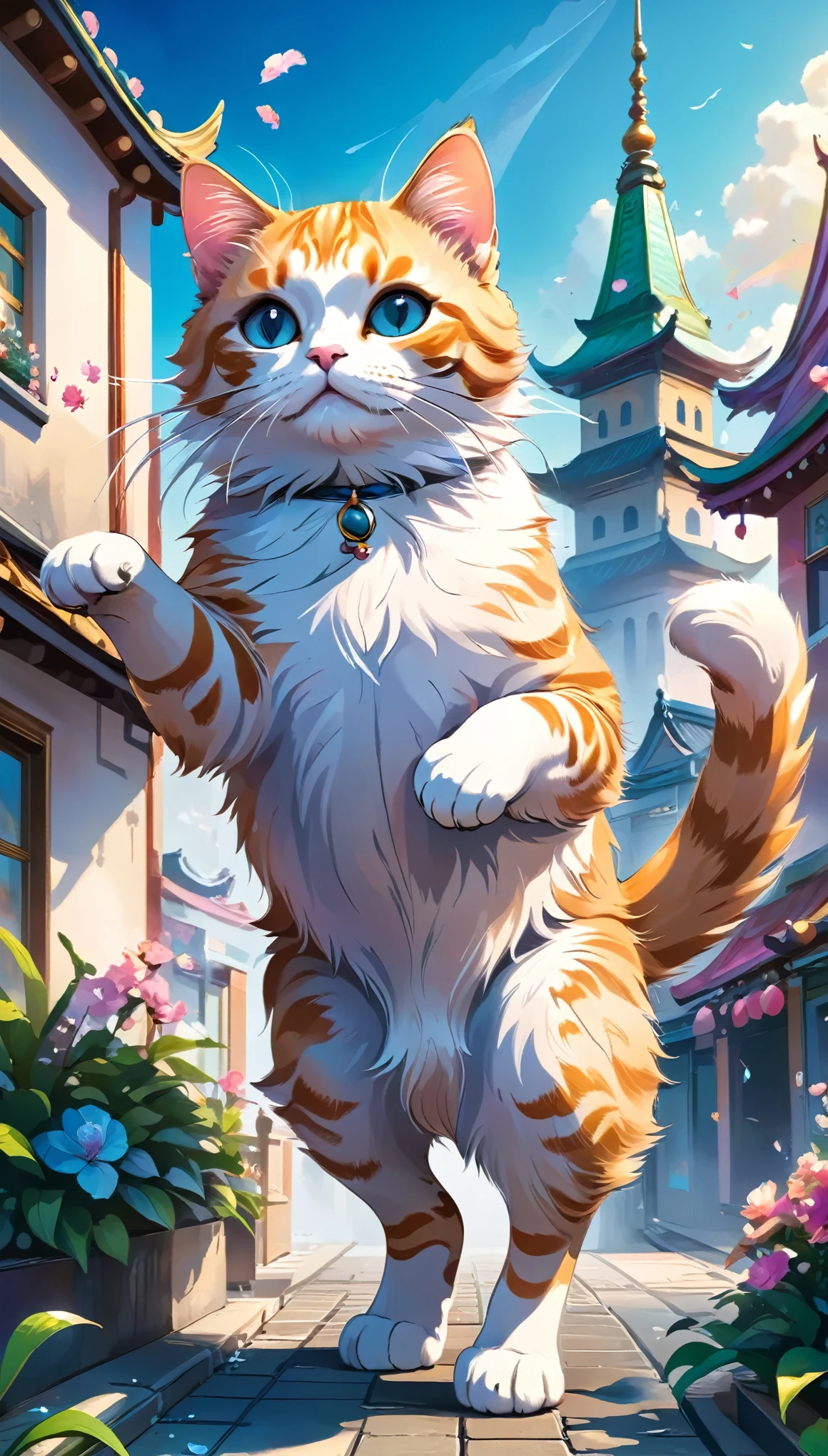 huge pussy:1.4, Surreal Landscape, Calm natural environment, Detailed cat characteristics, 気まぐれでFantasyなシーン, Giant cat, Put out the front legs, Spread front paw pads, laughing cat, ((Cat dancing happily:1.2, Giant catと人間の対比)), (Petals fluttering in the wind, Fantasy, Fantasy art), Contemporary Art Works, Integrated Arts, ((Colorful background, Draw a cityscape in the background to show how huge the cat is.)), Imaginative, dream-like, Beautiful colors, Soft lighting, Magic, Complex, Concept Art, (Highest quality:1.2, Very detailed, High Contrast, High Detail, masterpiece:1.2, Best aesthetics),
