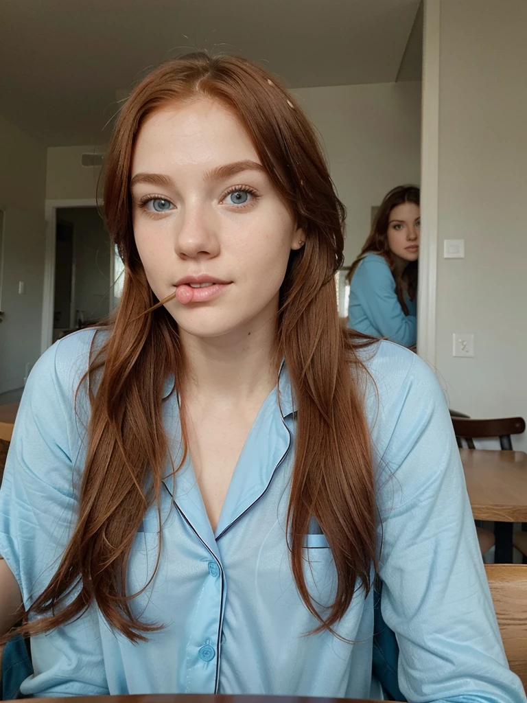 Casual photo of a 19-year-old redhead with Aquamarine eyes , eating a healthy breakfast, dressed in half-uncovered blue pajamas, at a table with her father Of Brown hair sitting on the other side of the table, in a suit