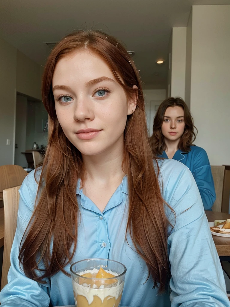 Casual photo of a 19-year-old redhead with Aquamarine eyes , eating a healthy breakfast, dressed in half-uncovered blue pajamas, at a table with her father Of Brown hair sitting on the other side of the table, in a suit