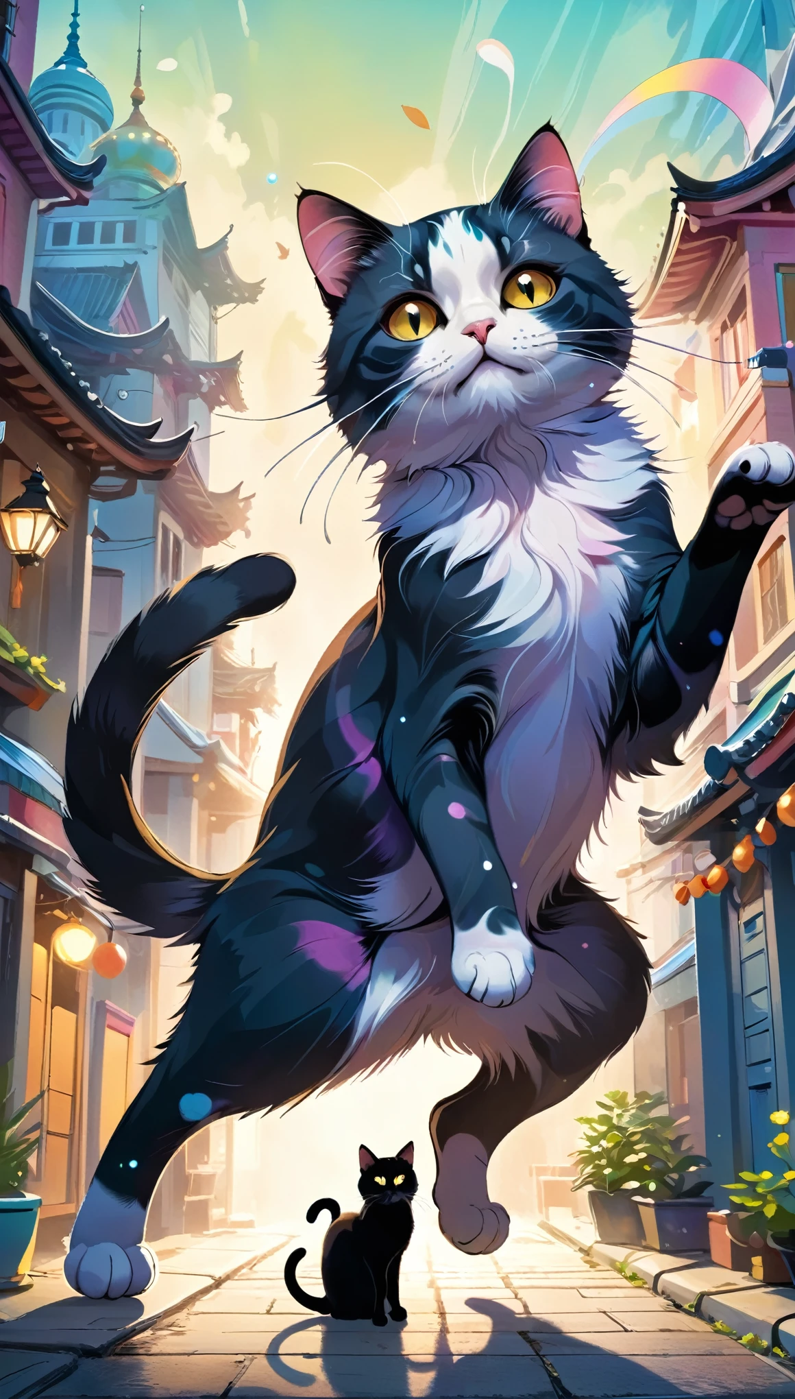 huge pussy:1.4, Surreal Landscape, Calm natural environment, Detailed cat characteristics, 気まぐれでFantasyなシーン, Giant cat, Put out the front legs, Spread front paw pads, laughing cat, ((Cat dancing happily:1.2, Giant catと人間の対比)), (Petals fluttering in the wind, Fantasy, Fantasy art), Contemporary Art Works, Integrated Arts, ((Colorful background, Draw a cityscape in the background to show how huge the cat is.)), Imaginative, dream-like, Beautiful colors, Soft lighting, Magic, Complex, Concept Art, (Highest quality:1.2, Very detailed, High Contrast, High Detail, masterpiece:1.2, Best aesthetics),