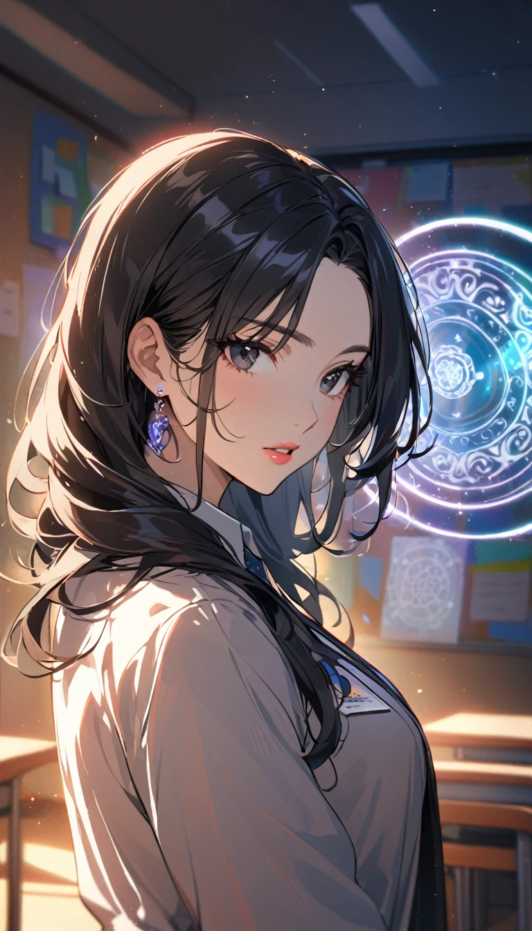 1woman,matured face,curtain hair forehead(long black hair),eyes,black eyes,teacher,teacher outfit, beautiful, colourful classroom background,standing attentive pose, neutral,stoic,wearing an ID card,earrings,juicy full lips,magic circle in the background, portrait , cinematic lighting,