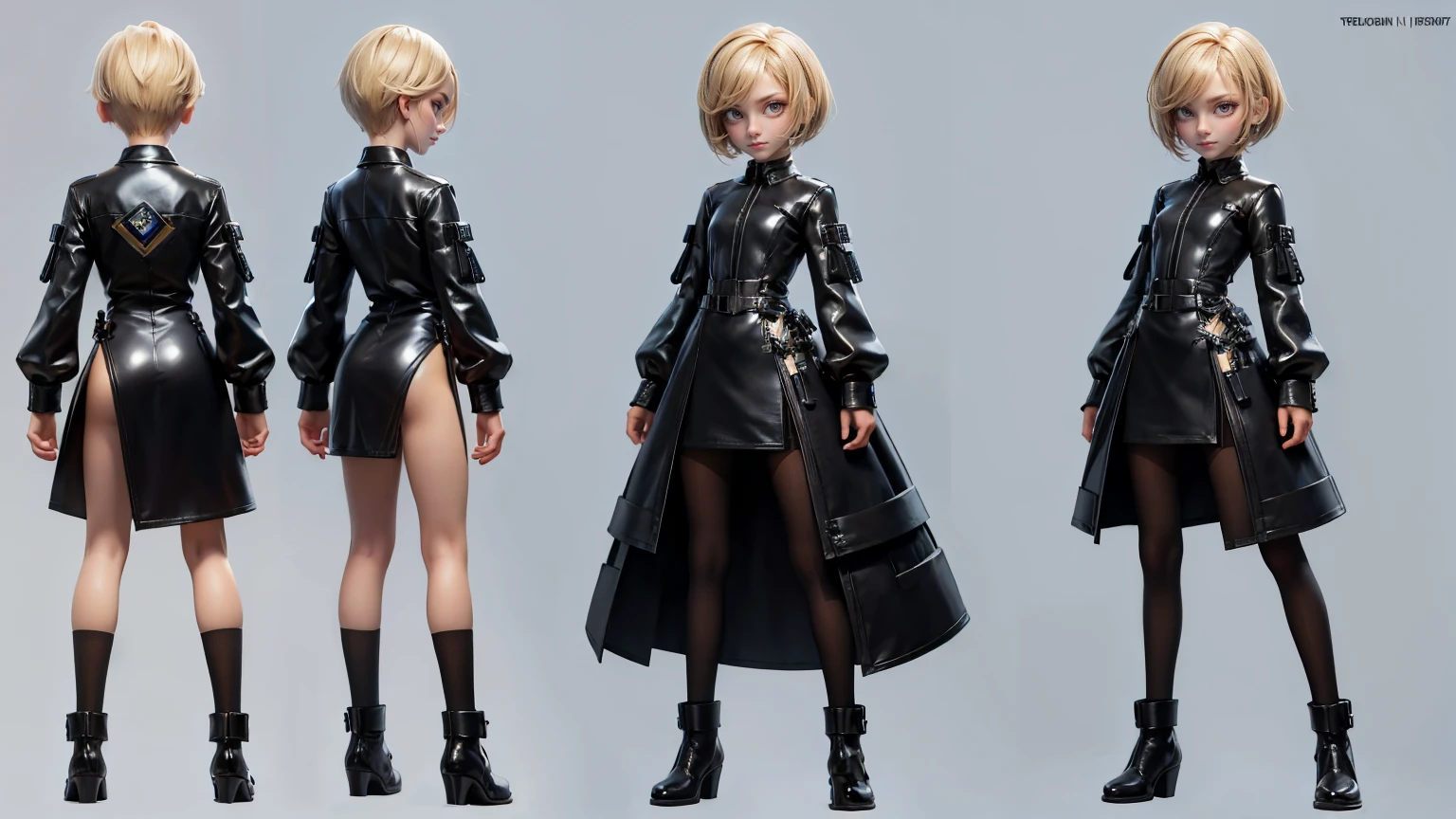 game girl,, wearing a futuristic gaming sarree dress like jeans and shirt in black color,, blond hairs, futuristic dress, gaming full straight standing pose, 14yo student, , Full body, boy, , gaming boy, Simple plain background, HD, standing, modern futuristic dress, front view, modern dresses, unique, Buzz Cut hair style, short hairs. +3 View prompt standing, 3 View Drawings, side and Front and back, Character Sheet, Full body, Simple white background, character reference sheet, Concept art, design sheet, Character Design, full body adoptable horizontal clear charcter style sheet boy