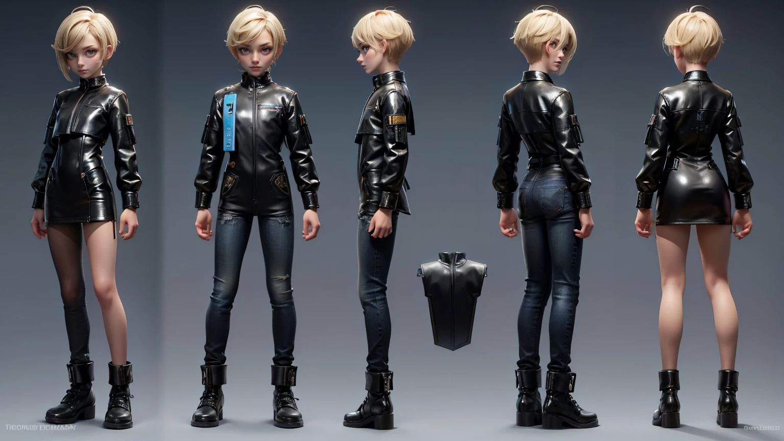 game girl,, wearing a futuristic gaming sarree dress like jeans and shirt in black color,, blond hairs, futuristic dress, gaming full straight standing pose, 14yo student, , Full body, boy, , gaming boy, Simple plain background, HD, standing, modern futuristic dress, front view, modern dresses, unique, Buzz Cut hair style, short hairs. +3 View prompt standing, 3 View Drawings, side and Front and back, Character Sheet, Full body, Simple white background, character reference sheet, Concept art, design sheet, Character Design, full body adoptable horizontal clear charcter style sheet boy