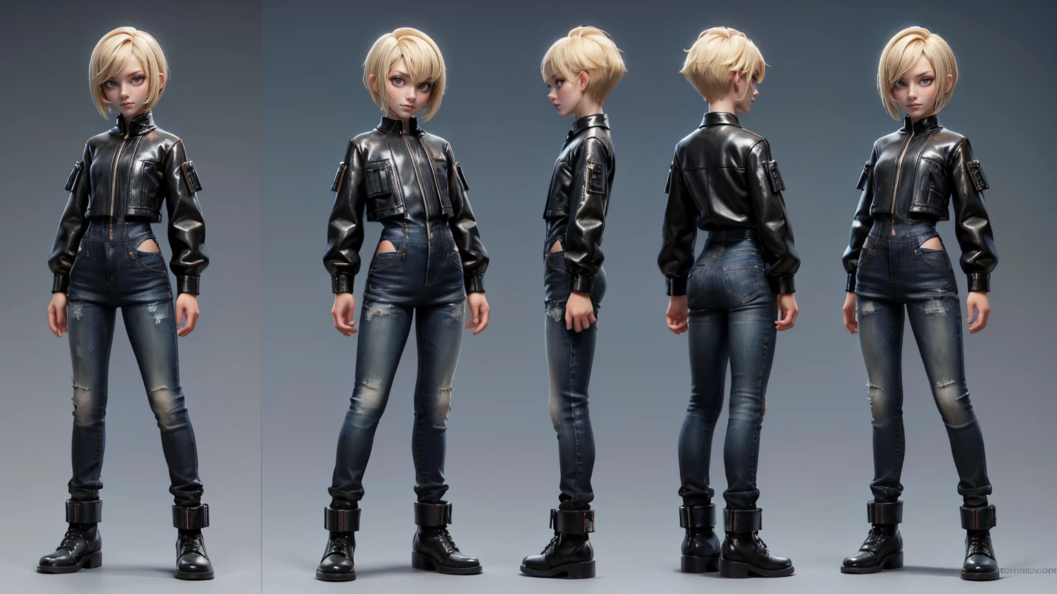 game girl,, wearing a futuristic gaming sarree dress like jeans and shirt in black color,, blond hairs, futuristic dress, gaming full straight standing pose, 14yo student, , Full body, boy, , gaming boy, Simple plain background, HD, standing, modern futuristic dress, front view, modern dresses, unique, Buzz Cut hair style, short hairs. +3 View prompt standing, 3 View Drawings, side and Front and back, Character Sheet, Full body, Simple white background, character reference sheet, Concept art, design sheet, Character Design, full body adoptable horizontal clear charcter style sheet boy