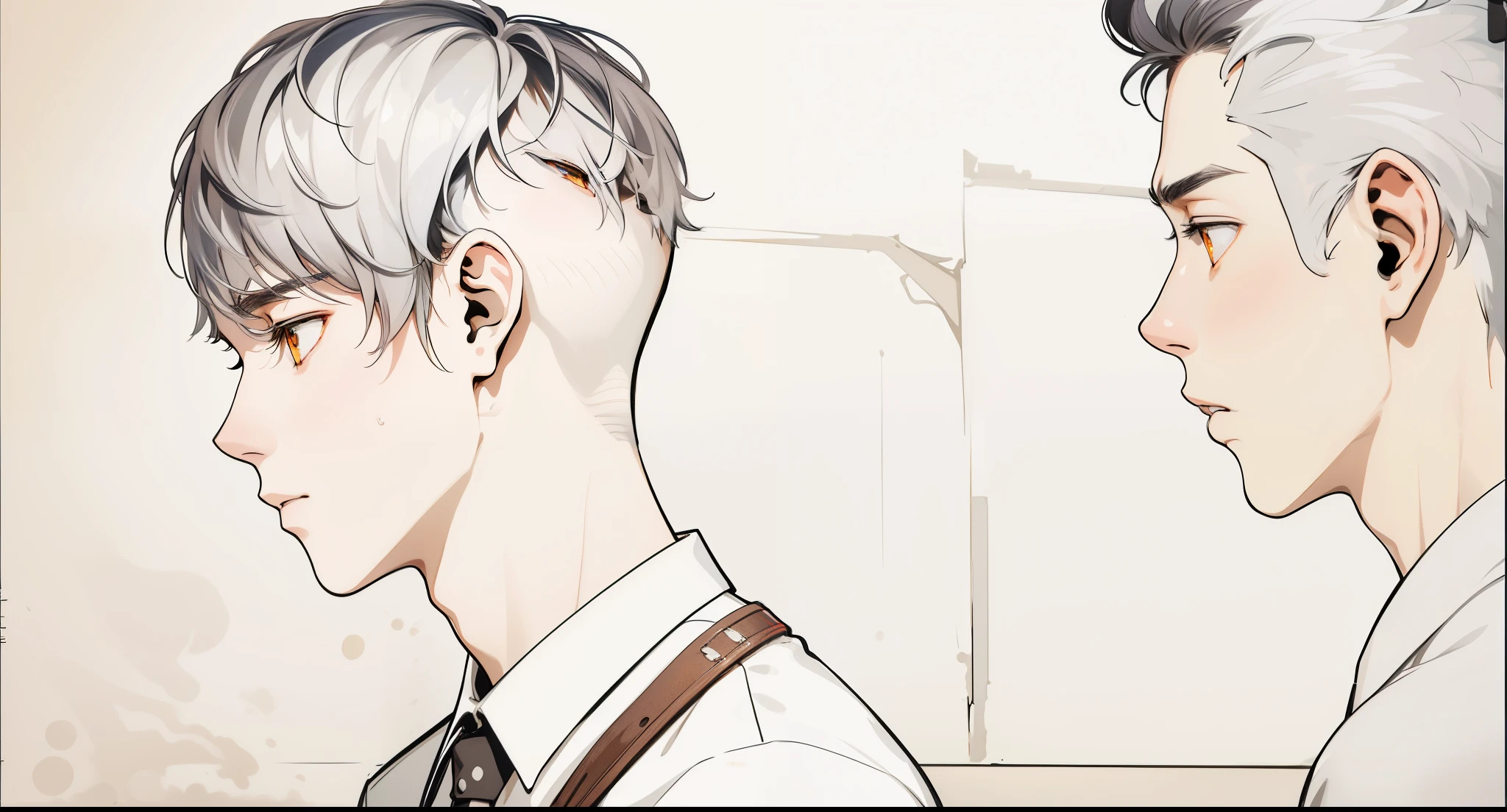 He is speaking sadly, two young 18-year-old men walk sad, worried, thoughtful through the high school, gray hair, orange eyes.