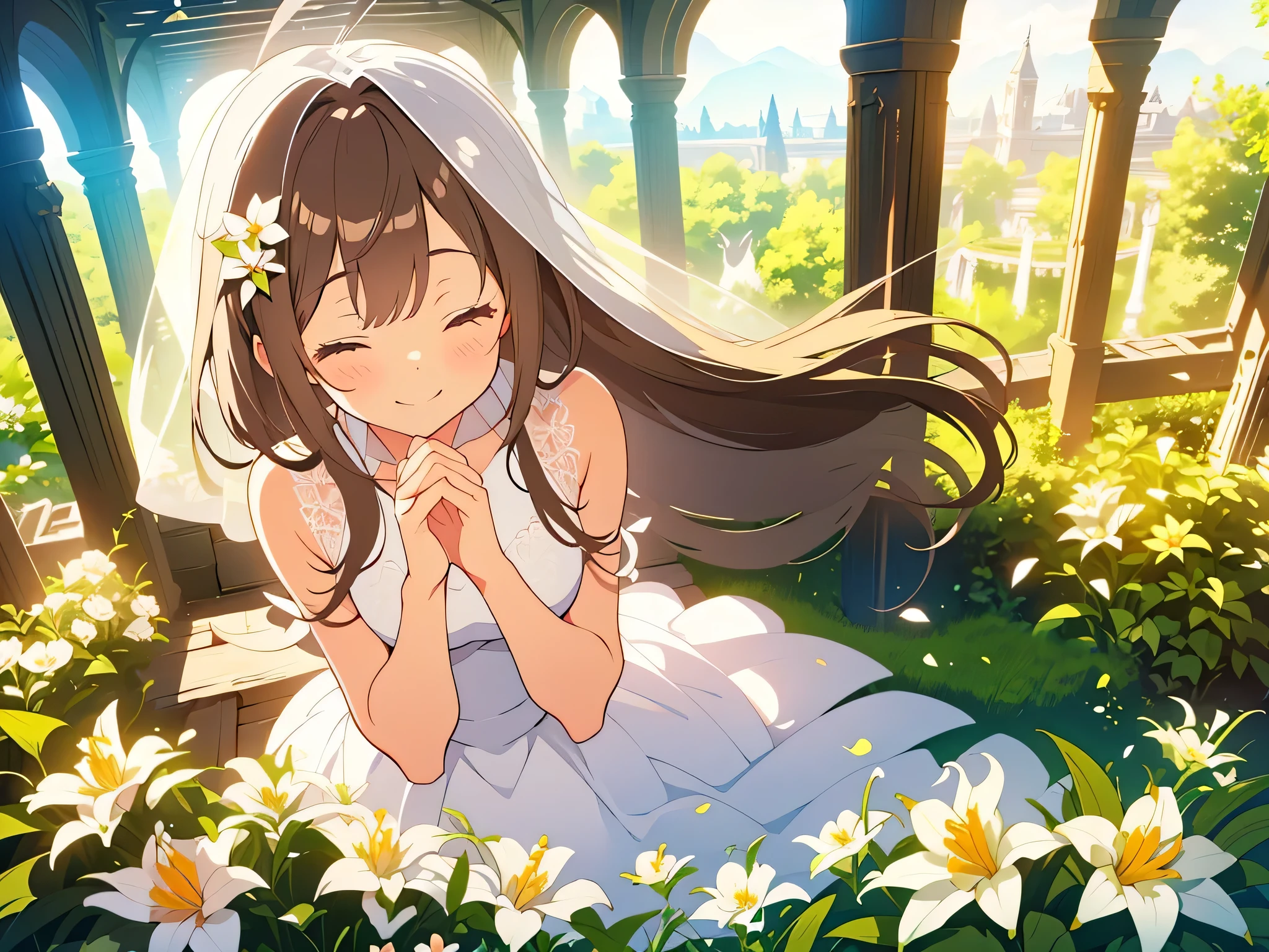 kawaii, anime, Cute, hyper quality, highly detailed, 8k, Clarity, dark brown long hair, white longhorn lily, close both eyes, Longhorn lily garden, Close your eyes and whisper, music, flower garden, ruins, melody of light, light staff notation, pure white wedding dress, light shines in, white lily flower, Place your fingers on the keyboard of light, dignity, white veil, Wedding dress, collapsed ruins, rough vegetation, white lily, whole body, Uplifting, bird's eye view, special perspective, smiling, clear smile, close up of face, Draw facial expressions in detail, closed eyes, dignified stance,