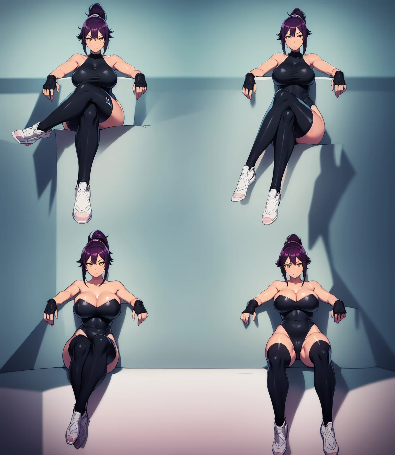 1girl, sofa, sitting, legs crossed, bodysuit, black bodysuit, bare arms, bare shoulders, (large breasts:1.2), yoruichi shihouin, dark skin, dark-skinned female, ponytail, purple hair, yellow eyes, (black leotard:1.4), thighhighs, full body, ((Leg Crossing ))