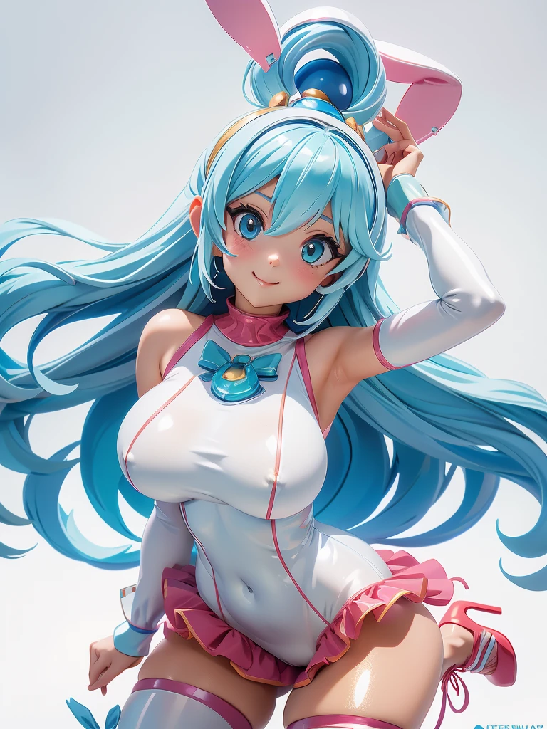 Aqua Konosuba, white gradient background，（in panoramic view：1.2, Girl with giant breasts，the anatomy is correct，Rabbit headdress，short detailed hair，smile，Smooth white tight bunny clothes，(shiny red one piece clothing :1.2) , strappy sandals ,Beautiful and detailed heels , perfect proportions，extremely detailed face，（Best quality at its best，high detail，chedevr，official art，movie light effect，4K）
