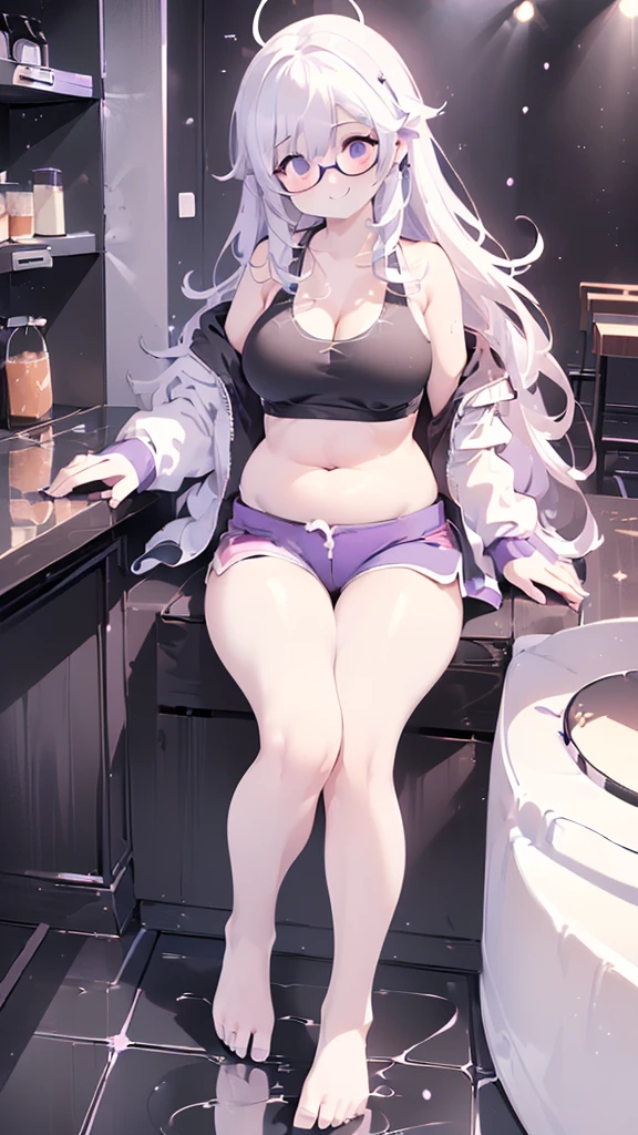 (Cafe Background:1.5), chair, (sedentary:1.5), window, (morning, sunlight:1.5), (Beautiful shades:1.5), (Holding the belly with both hands:1.5), (dynamic angle:1.5), [ 4k digital art ]!!,(big bust, prominent cleavage:1.5), (Black eyes with a slight purple tint:1.5), (a devastated expression, dead eyes, dark atmosphere:1.5), (white hair, long hair, weak perm:1.5), (sports bra, extra long sports jacket, hot pants, :1.5), (bare foot, round-rimmed glasses:1.5), (Aegyo belly fat:1.5), (smiling faintly:1.5),(thin legs, thin:1.5)