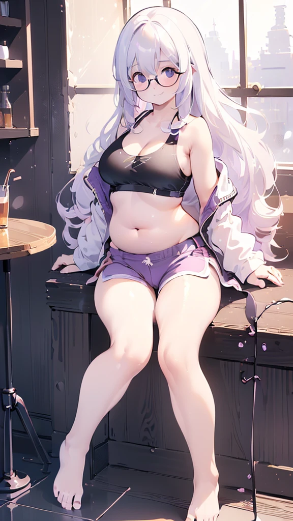 (Cafe Background:1.5), chair, (sedentary:1.5), window, (morning, sunlight:1.5), (Beautiful shades:1.5), (Holding the belly with both hands:1.5), (dynamic angle:1.5), [ 4k digital art ]!!,(big bust, prominent cleavage:1.5), (Black eyes with a slight purple tint:1.5), (a devastated expression, dead eyes, dark atmosphere:1.5), (white hair, long hair, weak perm:1.5), (sports bra, extra long sports jacket, hot pants, :1.5), (bare foot, round-rimmed glasses:1.5), (Aegyo belly fat:1.5), (smiling faintly:1.5),(thin legs, thin:1.5)