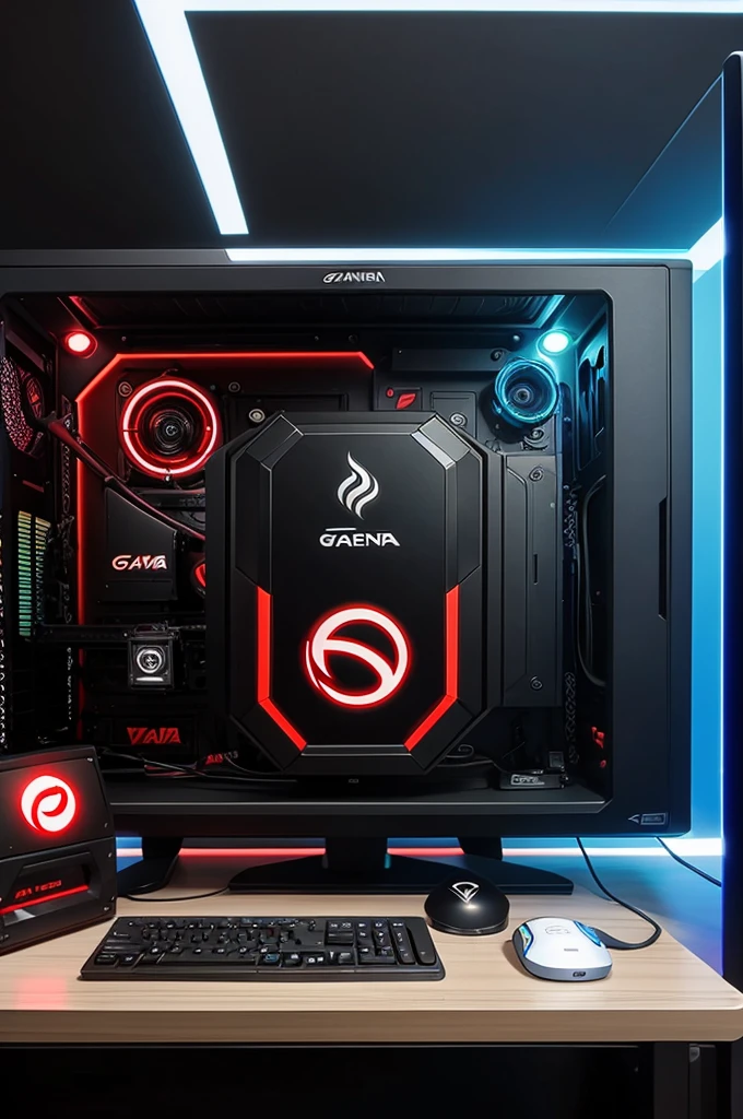 Futurestic PC setup with garena logo 