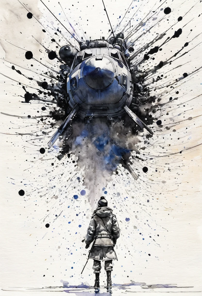 minimalistic ink drawing style, vanishing point on white paper, one line artwork by Tsutomu Nihei portraying game, watercolor splash art incorporated as complimentary elements