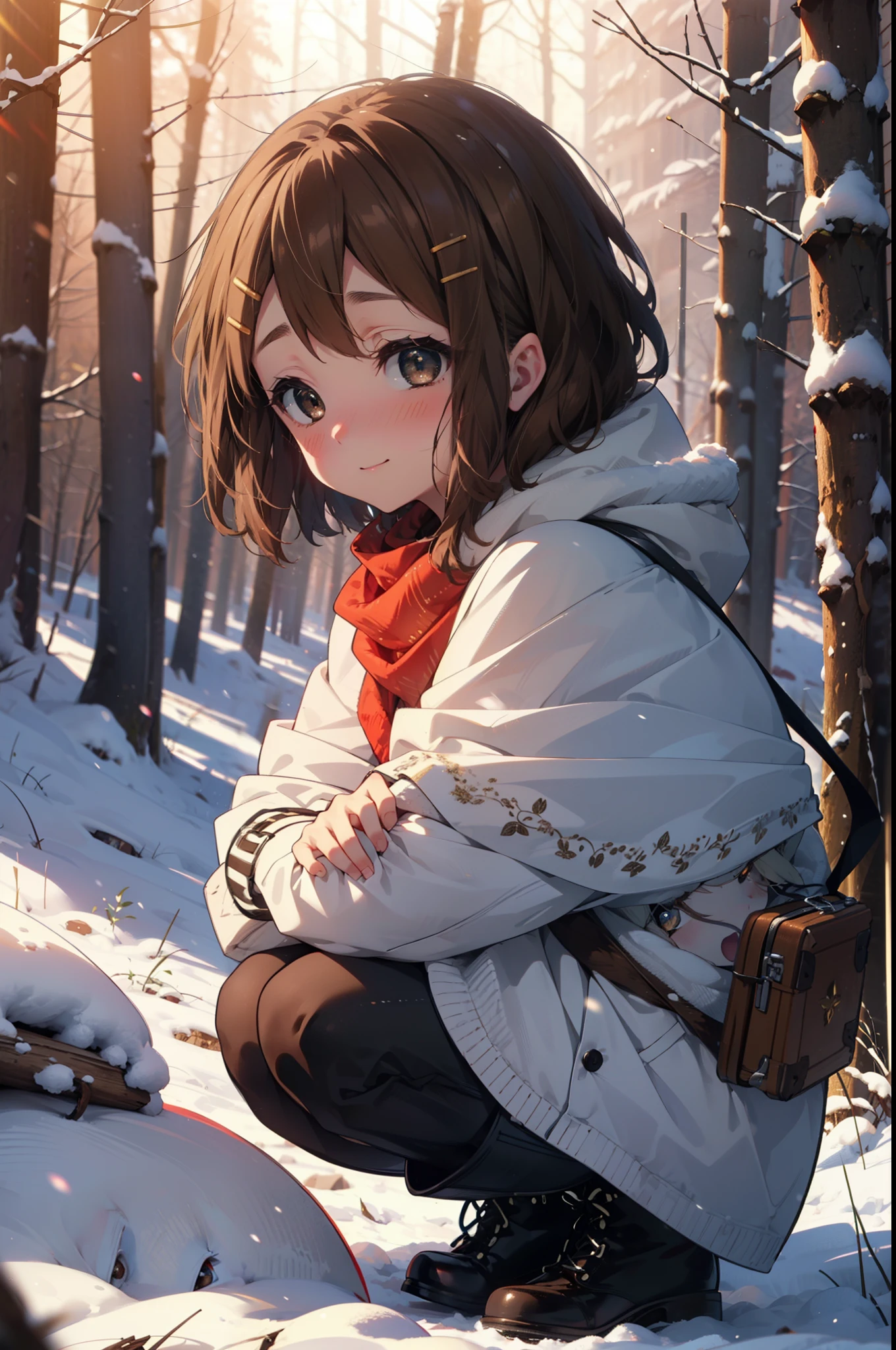 yuihirasawa, Yui Hirasawa, short hair, Brown Hair, hair ornaments, (Brown eyes:1.5), Hair Clip、smile,smile,blush,white breath,
Open your mouth,snow,Ground bonfire,, Outdoor, boots, snowing, From the side, wood, suitcase, Cape, Blurred, , forest, White handbag, nature,  Squat, Mouth closed, Cape, winter, Written boundary depth, Black shoes, red Cape break looking at viewer, Upper Body, whole body, break Outdoor, forest, nature, break (masterpiece:1.2), Highest quality, High resolution, unity 8k wallpaper, (shape:0.8), (Beautiful and beautiful eyes:1.6), Highly detailed face, Perfect lighting, Highly detailed CG, (Perfect hands, Perfect ???????),