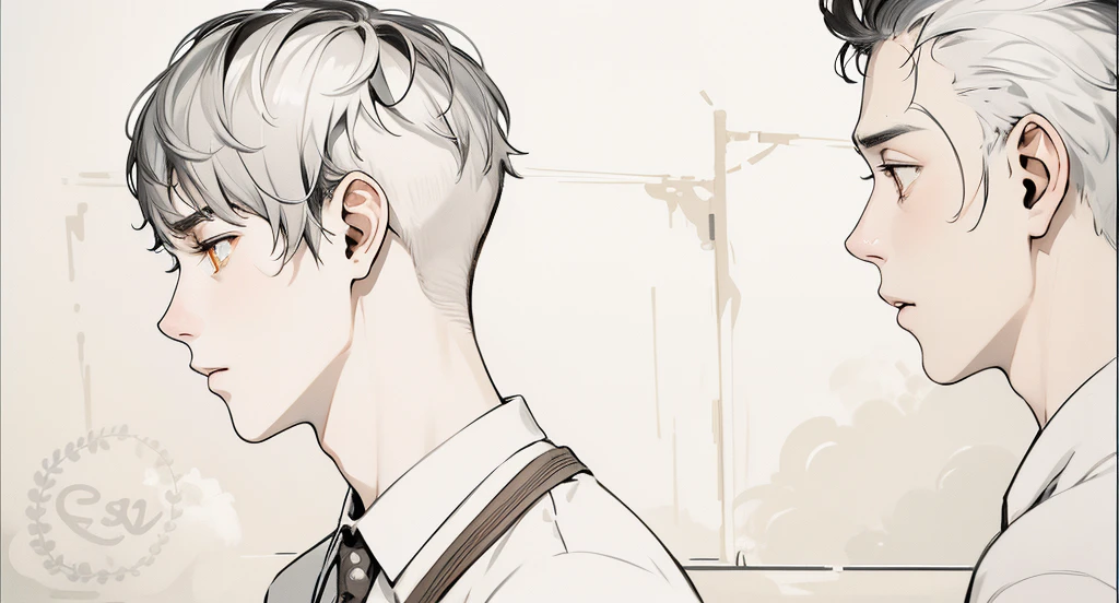 He is speaking sadly, two young 18-year-old men walk sad, worried, thoughtful through the high school, gray hair, orange eyes.