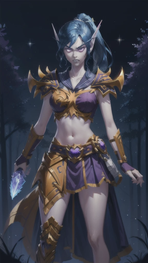 (1girl, blue hair absurdly long hair split ponytail, sparkle eyes, angry, clenched teeth) (digital) (Looking at viewer) (standing), (Dark Purple Forest background), (Skirt)) , best quality, pointy ears, colored skin, blue skin, glowing, armor, navel, voidelf, 