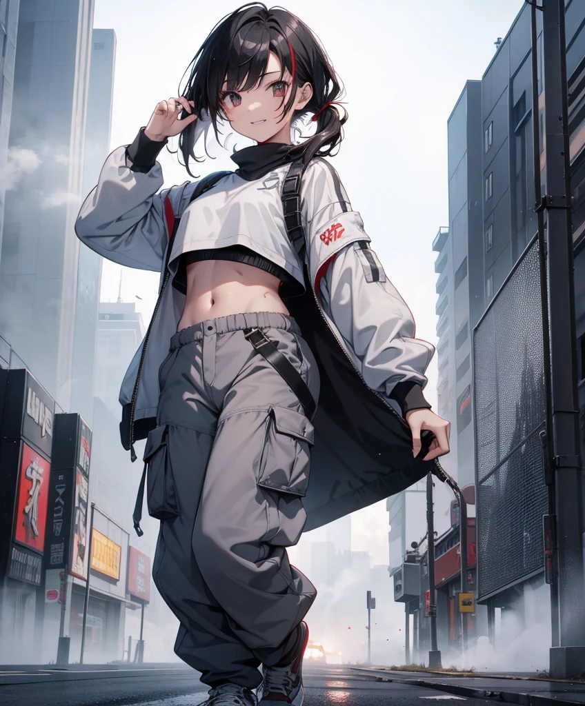 dance、Artistic jump、break dance、Intense movement、dynamism、Cyberpunk Style、Blade Runner atmosphere、Steam is coming out of the exhaust port on the road surface、The road is wet、solo、Fluttering Hair、cute、Beautiful woman、Small Face、White skin、Abdominal muscles、17 years old、Bright smile、Mouth half open、White teeth are visible、(Gradient color of black red hair、Disheveled long hair)、(Cargo pants with line、sporty、White sneakers)、(Delicate and fine fingers、Detailed body、Detailed Weapons、Human hand)、(Detailed face) 、(In 8K、Highest quality: 1.4、masterpiece、 Ultra-high resolution、 Highest Resolution,、Very detailed、 Professional Lighting、 Gray Light Lighting、Low angle from below、Blowing steam into the landscape、Fog in the landscape、Foggy、
