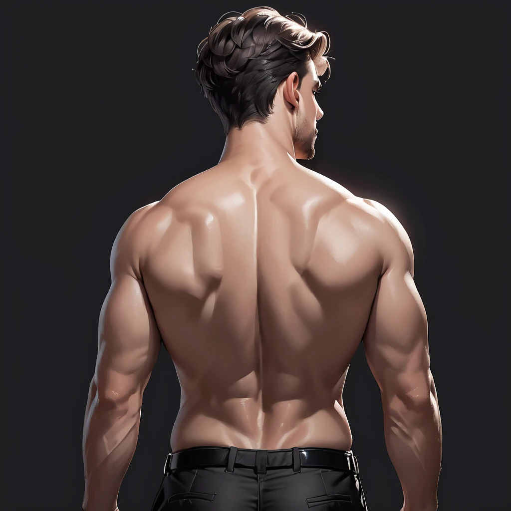 solo,black background,1 boy,arse,male accent,black trousers,bare back,arse accent,realistic