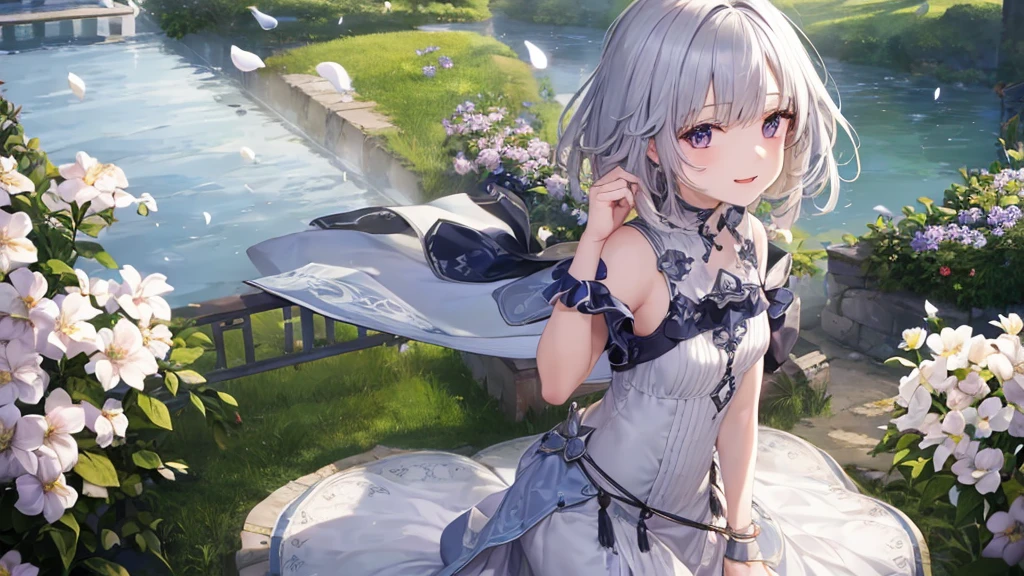 Ultra HD,Look at the viewers, Put your hands behind your back, With a girl, 20-year-old, 非常にShort Hair, Long bangs between the eyes, Pale blue eyes, Very detailed,(masterpiece、Highest quality),Gray Hair、Laughter、Fantastic, Silver Hair, Iris, Short hair、 Fluttering Hair、Small Face、明るいsmile、(Detailed face) ,Professional Lighting,Wonderful landscape,blue sky, sunlight,Looking down from above,Portraiture、Open your mouth、Flower Field、Her eyes were shining、Mysterious and enchanting atmosphere。With AI Painting、とてもShort Hair, Long bangs between the eyes, Very detailed,(masterpiece、Highest quality)、alone、Gray Hair、Fantasy, Silver Hair, Fantasyな風景、smile、Open your mouth、short hair、Short Hair、hairpin、black eye、Grey Eyes、Beautiful Eyes、Black Shirt、White hoodie