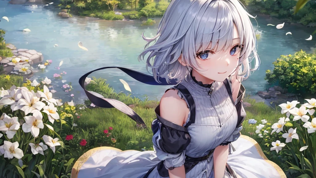 Ultra HD,Look at the viewers, Put your hands behind your back, With a girl, 20-year-old, 非常にShort Hair, Long bangs between the eyes, Pale blue eyes, Very detailed,(masterpiece、Highest quality),Gray Hair、Laughter、Fantastic, Silver Hair, Iris, Short hair、 Fluttering Hair、Small Face、明るいsmile、(Detailed face) ,Professional Lighting,Wonderful landscape,blue sky, sunlight,Looking down from above,Portraiture、Open your mouth、Flower Field、Her eyes were shining、Mysterious and enchanting atmosphere。With AI Painting、とてもShort Hair, Long bangs between the eyes, Very detailed,(masterpiece、Highest quality)、alone、Gray Hair、Fantasy, Silver Hair, Fantasyな風景、smile、Open your mouth、short hair、Short Hair、hairpin、black eye、Grey Eyes、Beautiful Eyes、Black Shirt、White hoodie