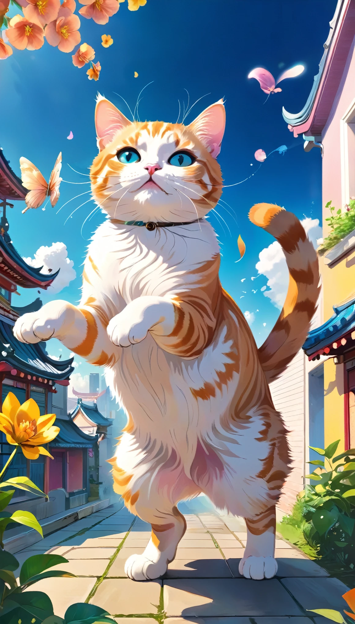 huge pussy:1.4, Surreal Landscape, Calm natural environment, Detailed cat characteristics, 気まぐれでFantasyなシーン, Giant cat, Put out the front legs, Spread front paw pads, Cat laughing with mouth open, ((Cat dancing happily:1.2, Giant catと人間の対比)), (Petals fluttering in the wind, Fantasy, Fantasy art), Contemporary Art Works, Integrated Arts, ((Colorful background, Draw a cityscape in the background to show how huge the cat is.)), Imaginative, dream-like, Beautiful colors, Soft lighting, Magic, Complex, Concept Art, (Highest quality:1.2, Very detailed, High Contrast, High Detail, masterpiece:1.2, Best aesthetics),