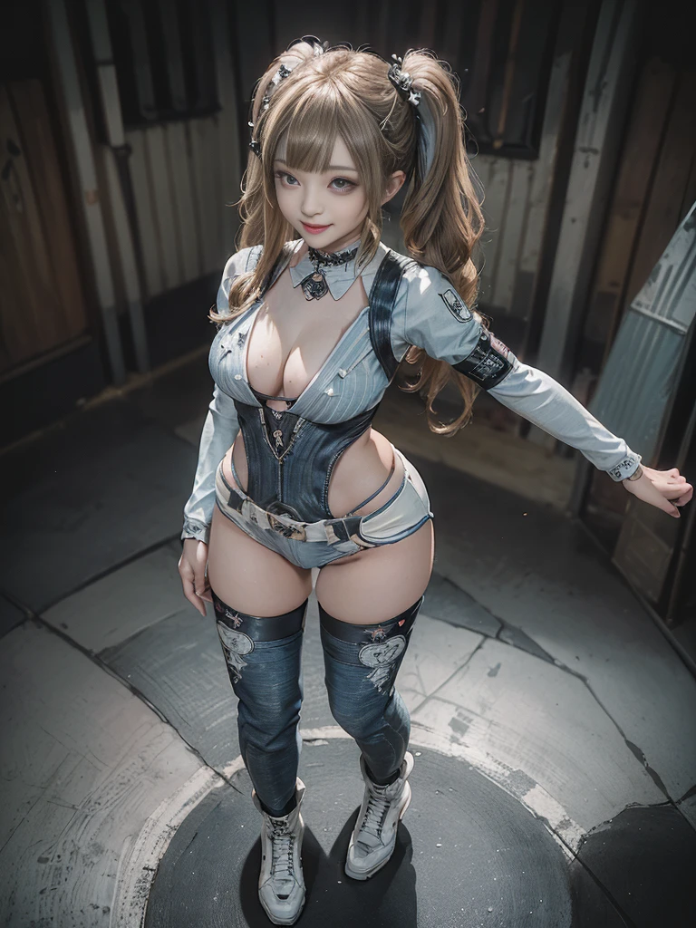 (Full Body View:1.3)、(Top view:1.2)、(Smiling with teeth showing:1.3),(Shibuya Gal:1.5)、(Gothic ta style fashion:1.5)、(Punk RockVisual Kei:1.5)、(Wearing a rhythmic gymnastics bodysuit with intricate details:1.4)、(Racing suit and pants with delicate decorations in white, denim and charcoal:1.5)、(Denim and light blue and white boots:1.3)、((belt))、(Numerous delicate logo marks all over the costume:1.4)、(collar:1.3)、(Striped underwear:1.5)、20-year-old、NSFW、((Highest quality、In 8K、masterpiece:1.3))、Sharp focus:1.2、(Layered Cut、Huge boobs:1.1),Beautiful woman with perfect figure:1.4、(Doing an aerobics pose:1.3)、Slender Abs:1.2、Highly detailed face and skin texture、Detailed eyes、double eyelid,(Twin tails:1.3)、(Brown-golden hair:1.3)、Gravure idol、(The background is a beautiful crystal underground palace:1.3)、(Slim Body:1.3),(Make your legs thinner:1.4),(Thin thighs:1.1)、(clavicle:1.1)
