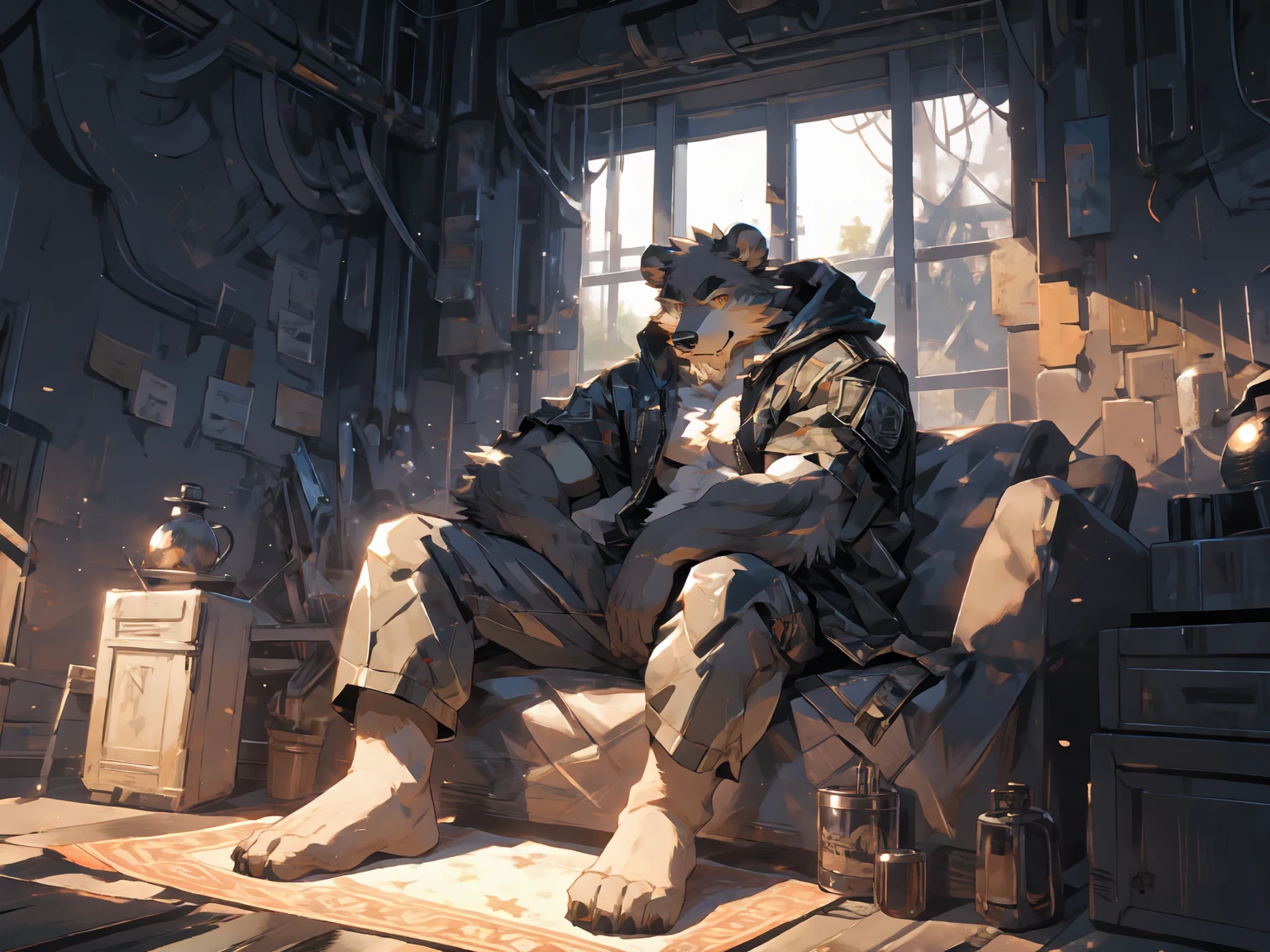 (masterpiece:1.2), best quality,pixiv,official art,perfect anatomy, (Ray tracing, light),solo, (1_male:1.3) , (muscle), (grey fur:1.4), (muscle bear), (beard:1.2), (gleaming golden eyes), bear tail, Thick black eyebrows, (open hooded parka) , (naked inside:1.2), cargo shorts, barefoot , (morden apartment: 1.3), french window, indoor , fur carpet , cushion , rest on sofa