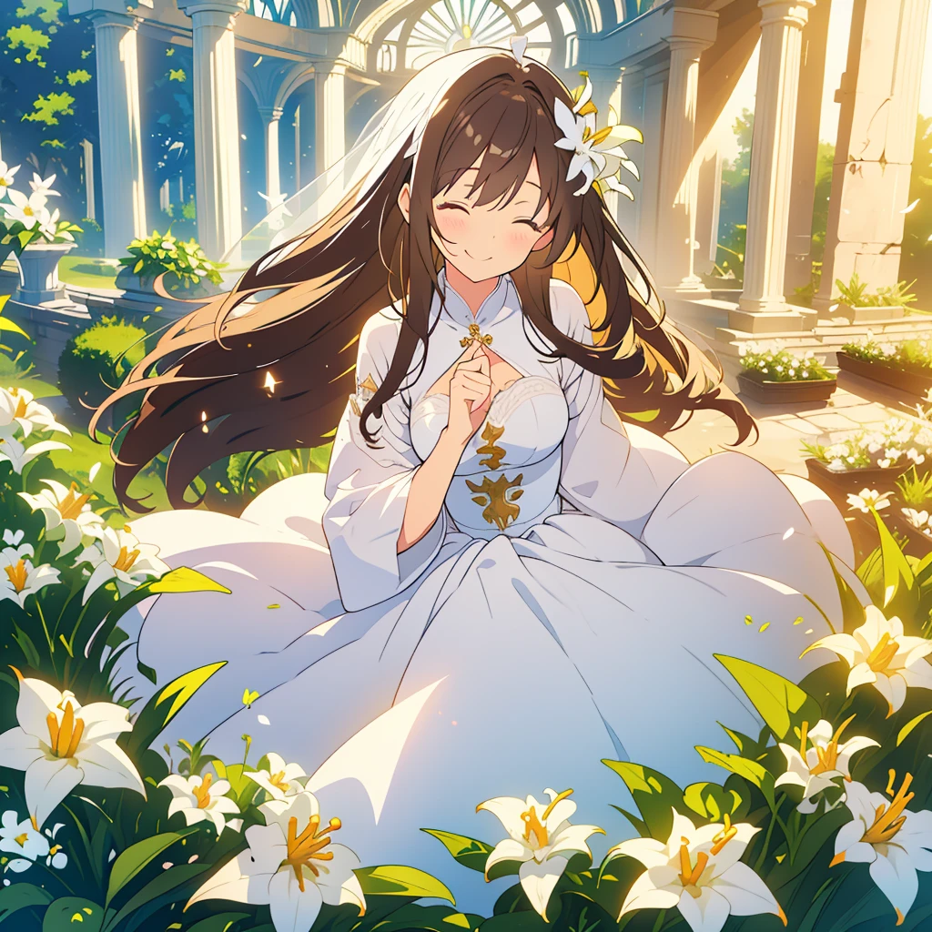 kawaii, anime, Cute, hyper quality, highly detailed, 8k, Clarity, dark brown long hair, white longhorn lily, close both eyes, Longhorn lily garden, Close your eyes and whisper, music, flower garden, ruins, melody of light, light staff notation, pure white wedding dress, light shines in, white lily flower, Place your fingers on the keyboard of light, dignity, white veil, Wedding dress, collapsed ruins, rough vegetation, white lily, whole body, Uplifting, bird's eye view, special perspective, smiling, clear smile, close up of face, Draw facial expressions in detail, closed eyes, dignified stance,