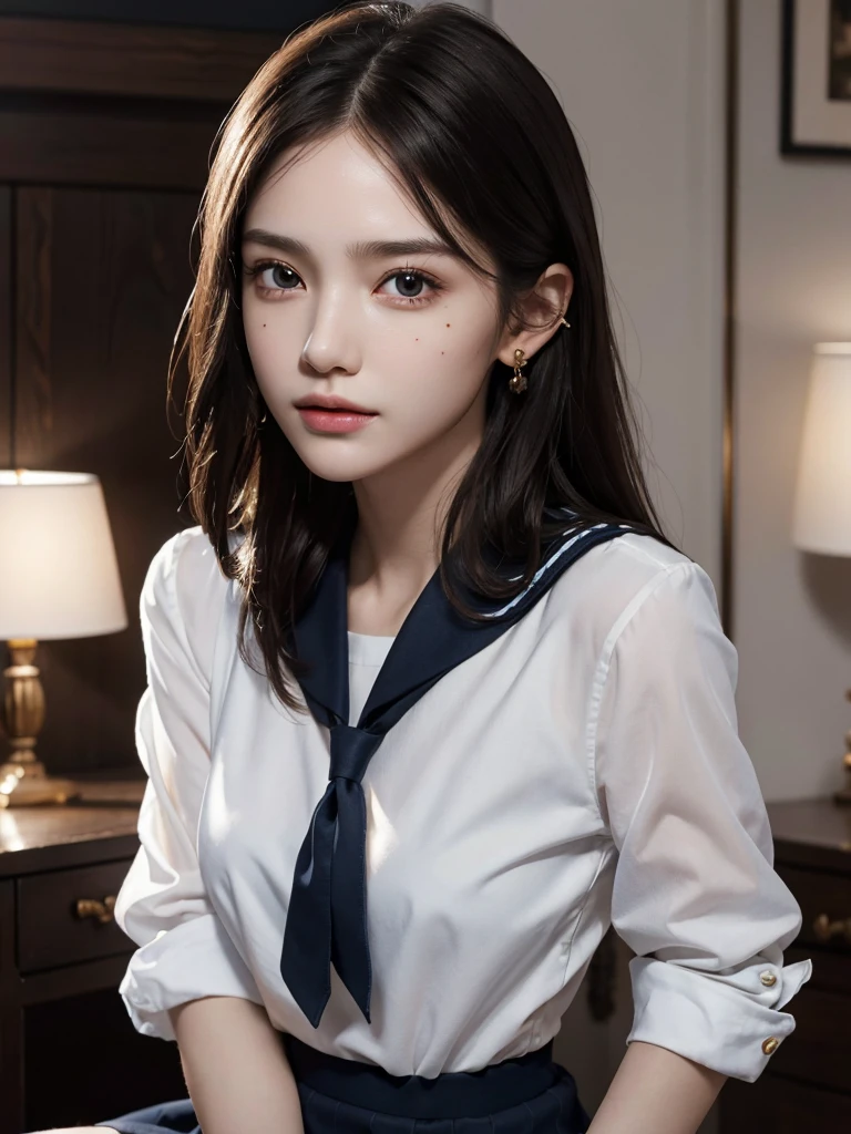 absurdres, RAW photo, extremely delicate and beautiful, masterpiece, Best Quality, ultra high resolution, 32k, hyperrealistic, ultra-detailed, perfect anatomy, super Detailed skin, perfect figure, Super Beauty, Perfect Style, Perfect balance, Beautiful Lighting, Perfect Lightning, Realistic Shadows, 20 years old, very Slim body, narrow waist, very small head, very small face, delicate facial features, handsome detailed woman, very detailed eyes and face, realistic face proportions, Realistic beautiful face, Realistic beautiful eyes, tearful mole, earring, very huge round breasts, legs, medium hair, asymmetrical hair, whole body shot, indoor, school_uniform, short skirt, sailor uniform,