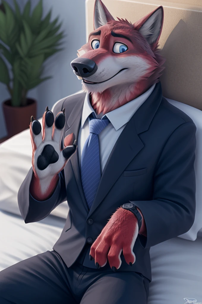 Joachim Wolfbach (Zootopia),tall handsome, wolf,young, 24 years, brown fur,  of goals,(red body:1.3),beautiful blue eyes, Moscow Dressed, shirt,blazer, tie,trousers, sandals,canine, wolf, detailed fur, Male, antro, paw pads, finger claws, waving, waving at viewer, 5 fingers, paws, 5 fingers, smile, happy, resting, wrist watch, т nextel, lying on the couch at home, by xenoforge, (difficult, high detail, film photography, soft focus, RAW, lying in bed, 
photorealism, realistic, photorealistic, digital style, Subsurface scattering masterpiece, Best quality, ultra realistic, 8 K)