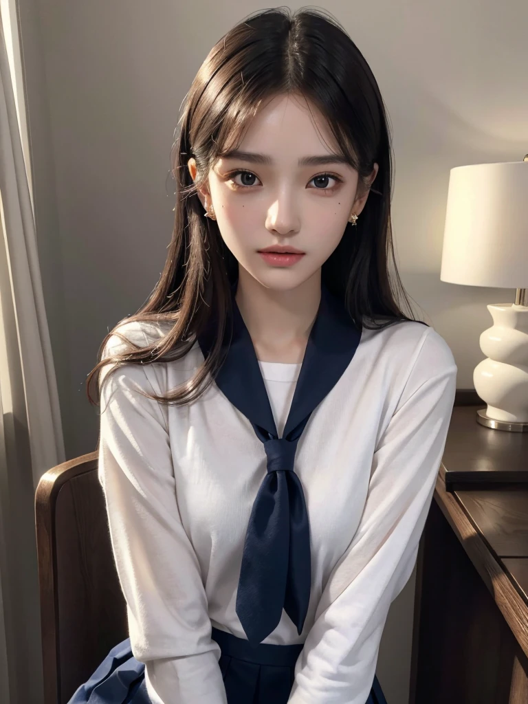 absurdres, RAW photo, extremely delicate and beautiful, masterpiece, Best Quality, ultra high resolution, 32k, hyperrealistic, ultra-detailed, perfect anatomy, super Detailed skin, perfect figure, Super Beauty, Perfect Style, Perfect balance, Beautiful Lighting, Perfect Lightning, Realistic Shadows, 20 years old, very Slim body, narrow waist, very small head, very small face, delicate facial features, handsome detailed woman, very detailed eyes and face, realistic face proportions, Realistic beautiful face, Realistic beautiful eyes, tearful mole, earring, very huge round breasts, legs, medium hair, asymmetrical hair, whole body shot, indoor, school_uniform, short skirt, sailor uniform,