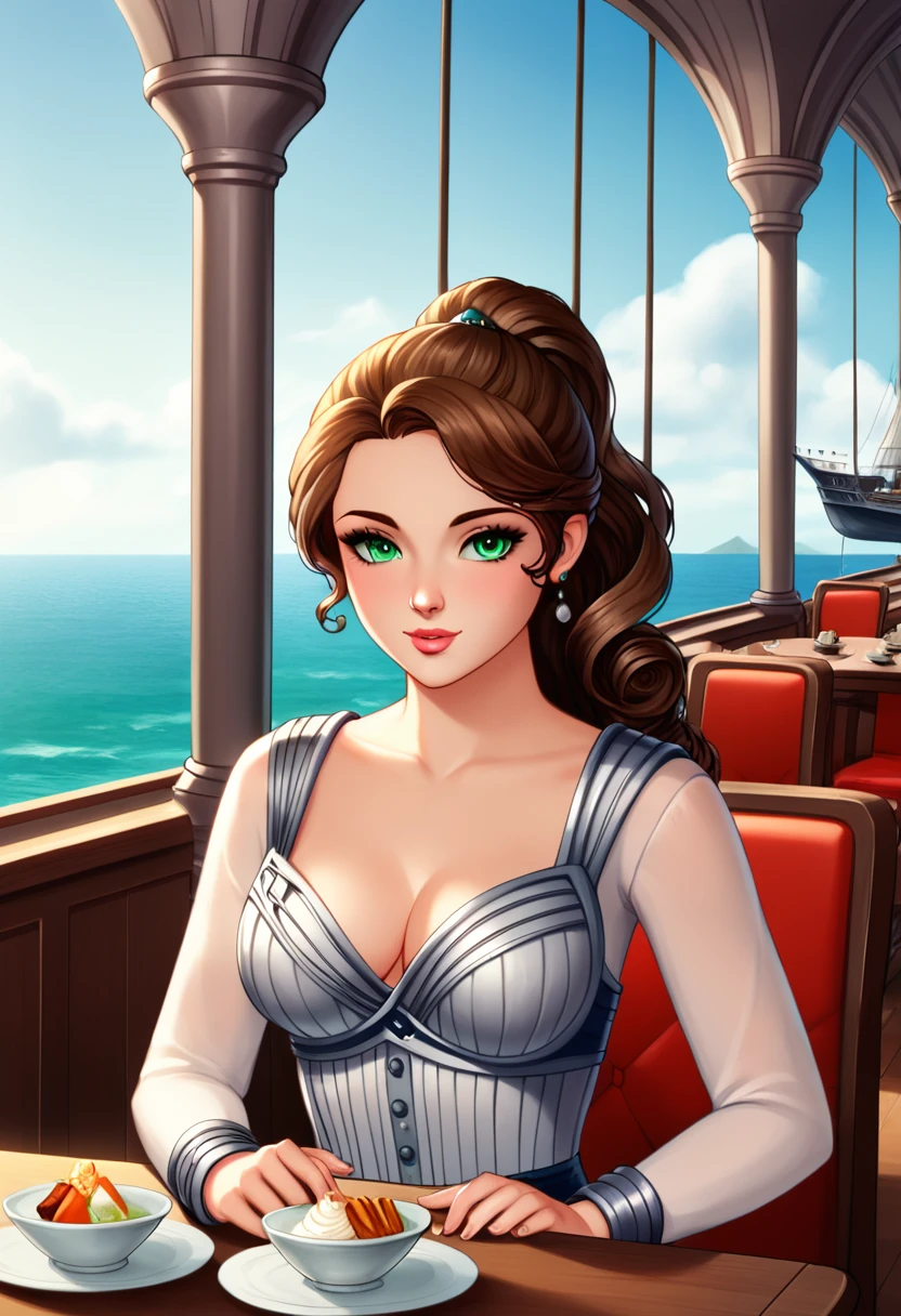 Beautiful girl with semi curly brown hair, collected in a high ponytail, green eyes, thin complexion, dressed in clothes designed for an exploration in Antarctica, sitting in the cafeteria of a ship heading to Antarctica, having breakfast, looking at the glacial landscape