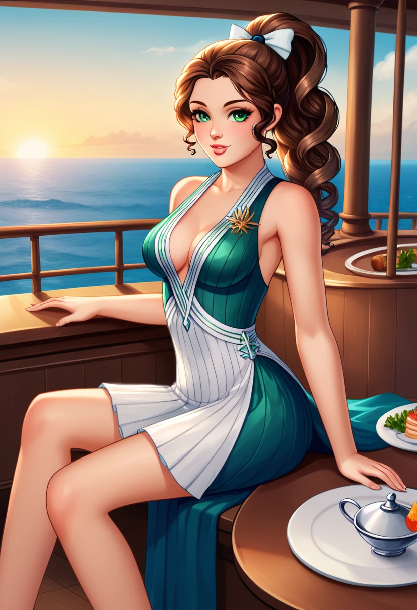Beautiful girl with semi curly brown hair, collected in a high ponytail, green eyes, thin complexion, dressed in clothes designed for an exploration in Antarctica, sitting in the cafeteria of a ship heading to Antarctica, having breakfast, looking at the glacial landscape