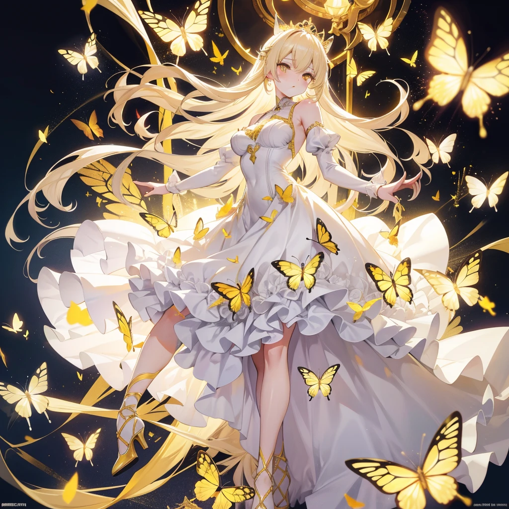 light Hair，yellow Butterfly，yellow eyes，Longest white blonde hair，sex thighs，glass high heels，hot White princess Dress，8k wallpaper，Detailed background，Maximum resolution，Deep V Bi，Chis，yellow Rose background，Tight，full-body shot