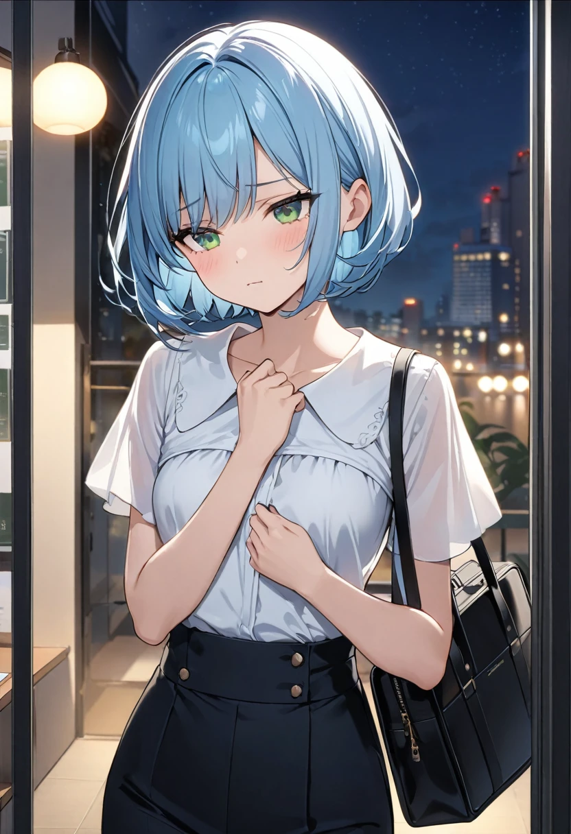 Highest quality、Light blue hair、Short Bob、Deep green eyes、Small breasts、White short sleeve blouse、Black slacks、Black pumps、Work Bag、Sleepy face 、Upper Body、night